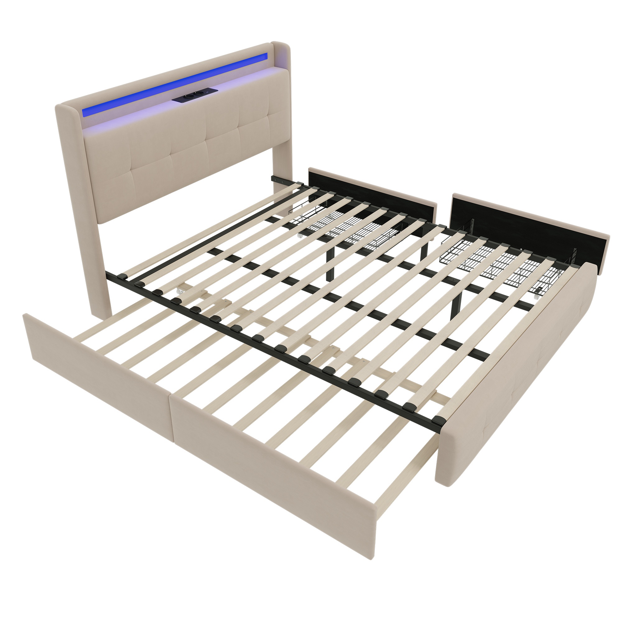 Doppelbett mit USB-Ladekopfteil, Ausziehbett, Polsterbett mit LED-Beleuchtung und 2 Schubladen, 160x200 cm Stauraumbettgestell, ohne Matratze, Beige