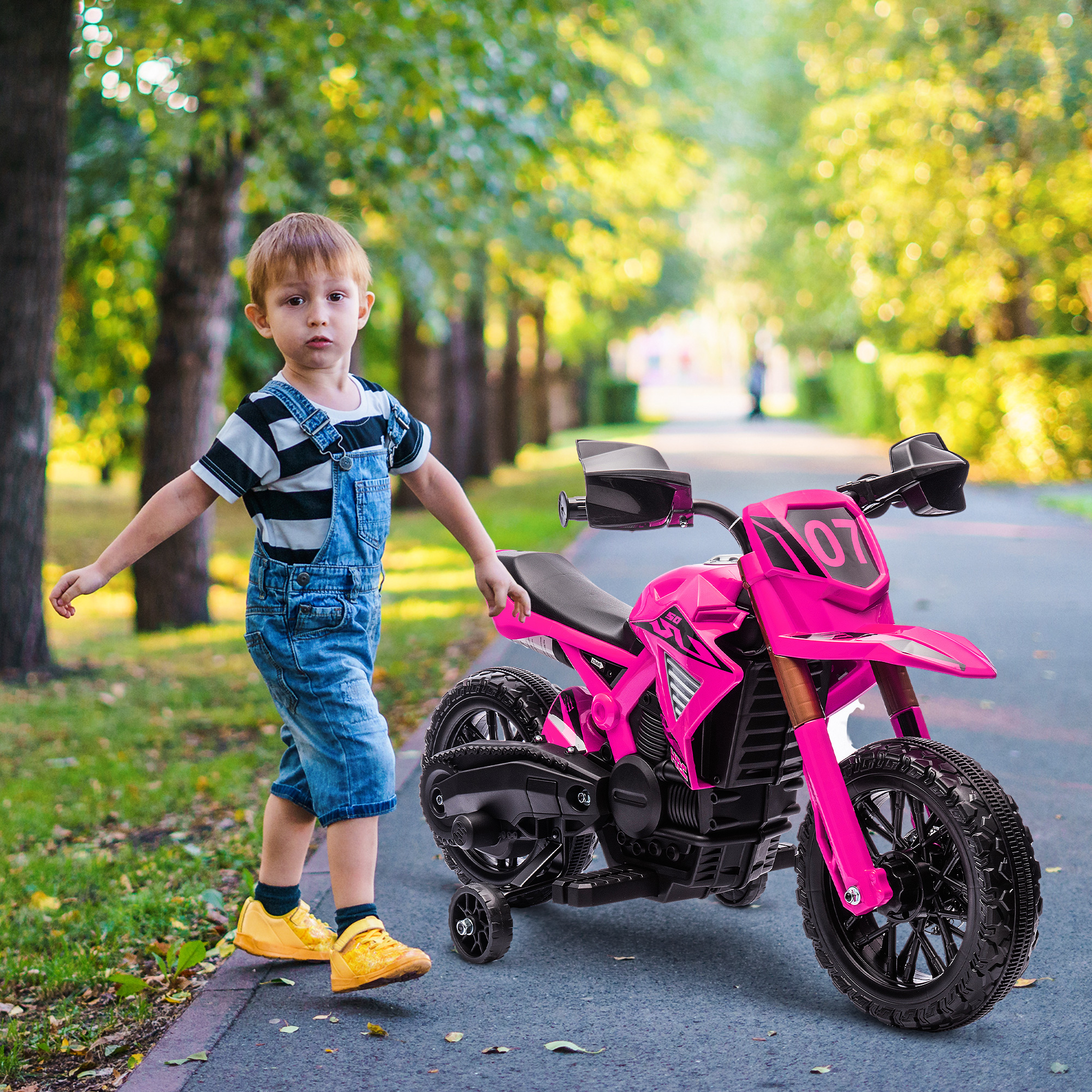 AIYAPLAY Elektrische Kindermotorfiets, 12V Motorfietsje met Zijwieltjes, Voertuig voor Kinderen met Claxon en Startgeluid, 3 km/u, Roze