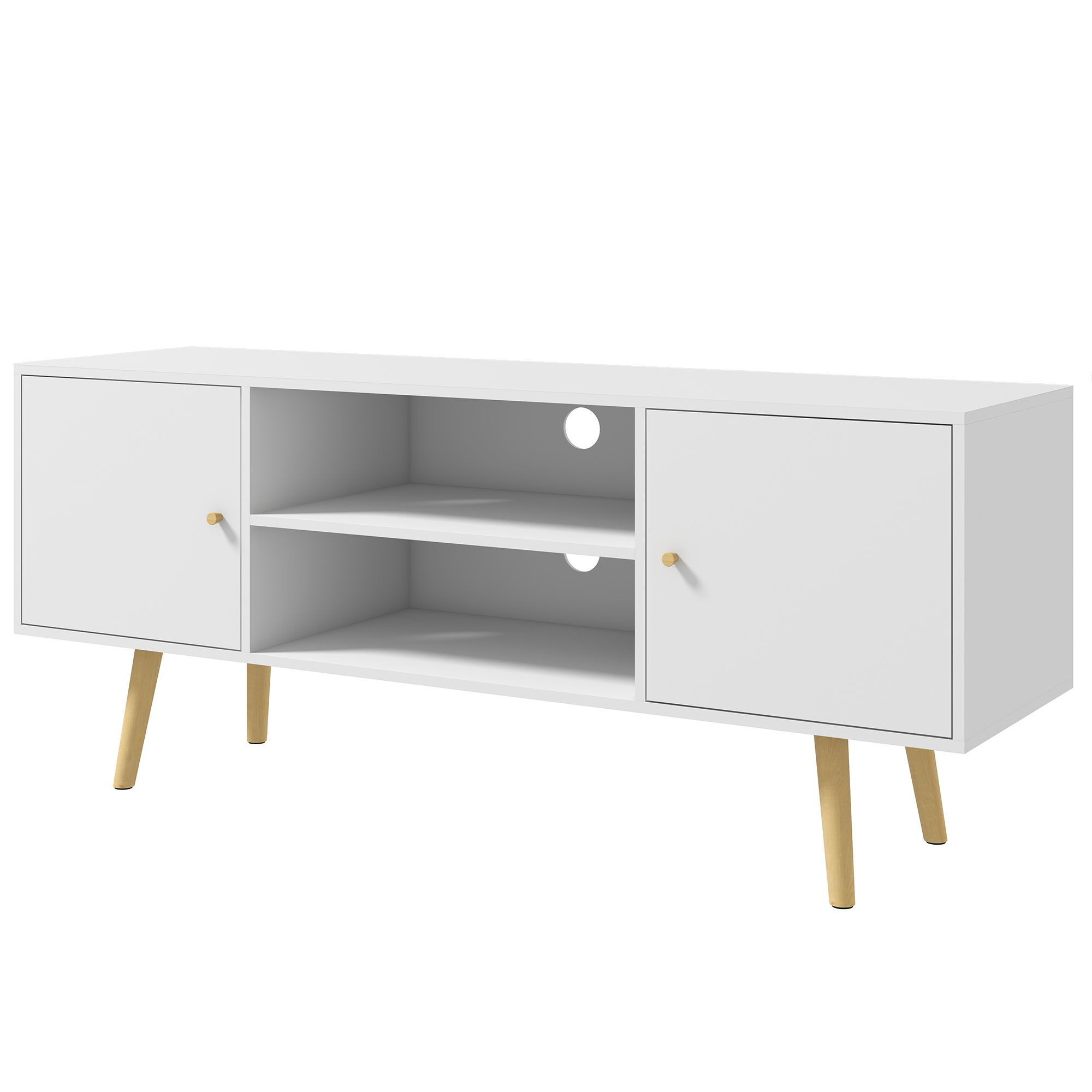 HOMCOM TV-Möbel im skandinavischen Stil 2 Türen 2 Fächer Kabeldurchlass Beine aus Kiefernholz Spanplatten Weiß - 120 x 34 x 50 cm weiß