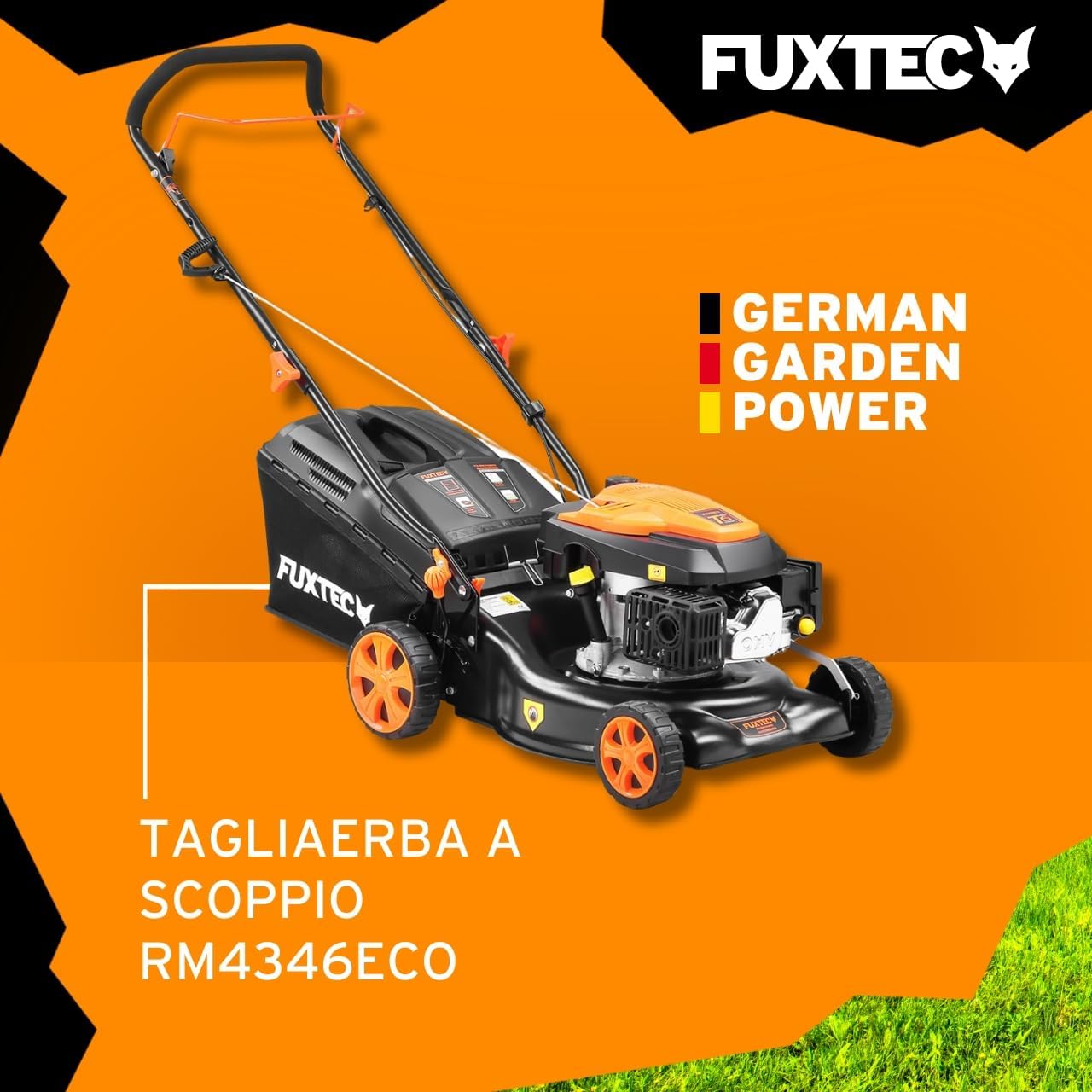 Tagliaerba a benzina a spinta FUXTEC FX-RM4346ECO tosaerba a motore a scoppio 146cc larghezza di taglio 42cm - Easy Clean - sacco raccoglierba 40L