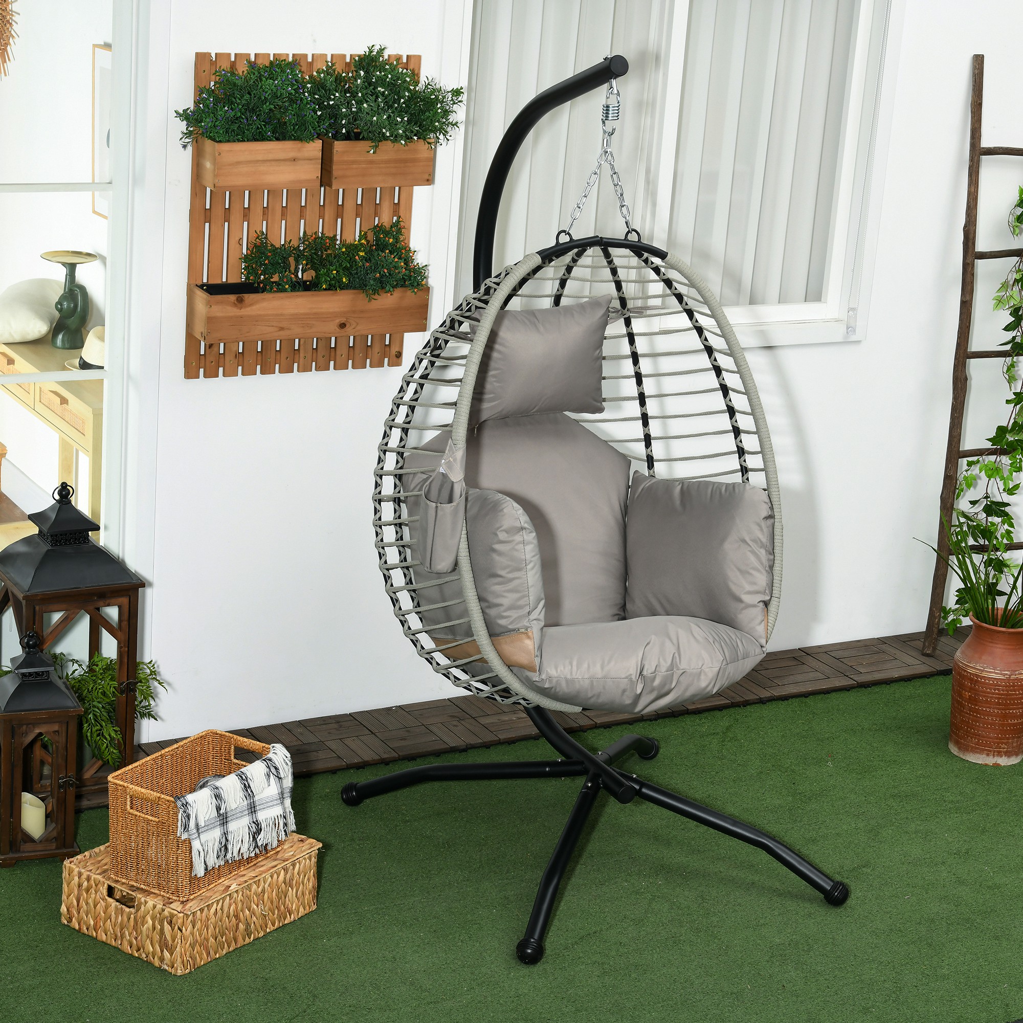 Outsunny Hängesessel, Sitz- und Rückenkissen, faltbarer Sitzkorb, Becherhalter, Metallgestell, Grau
