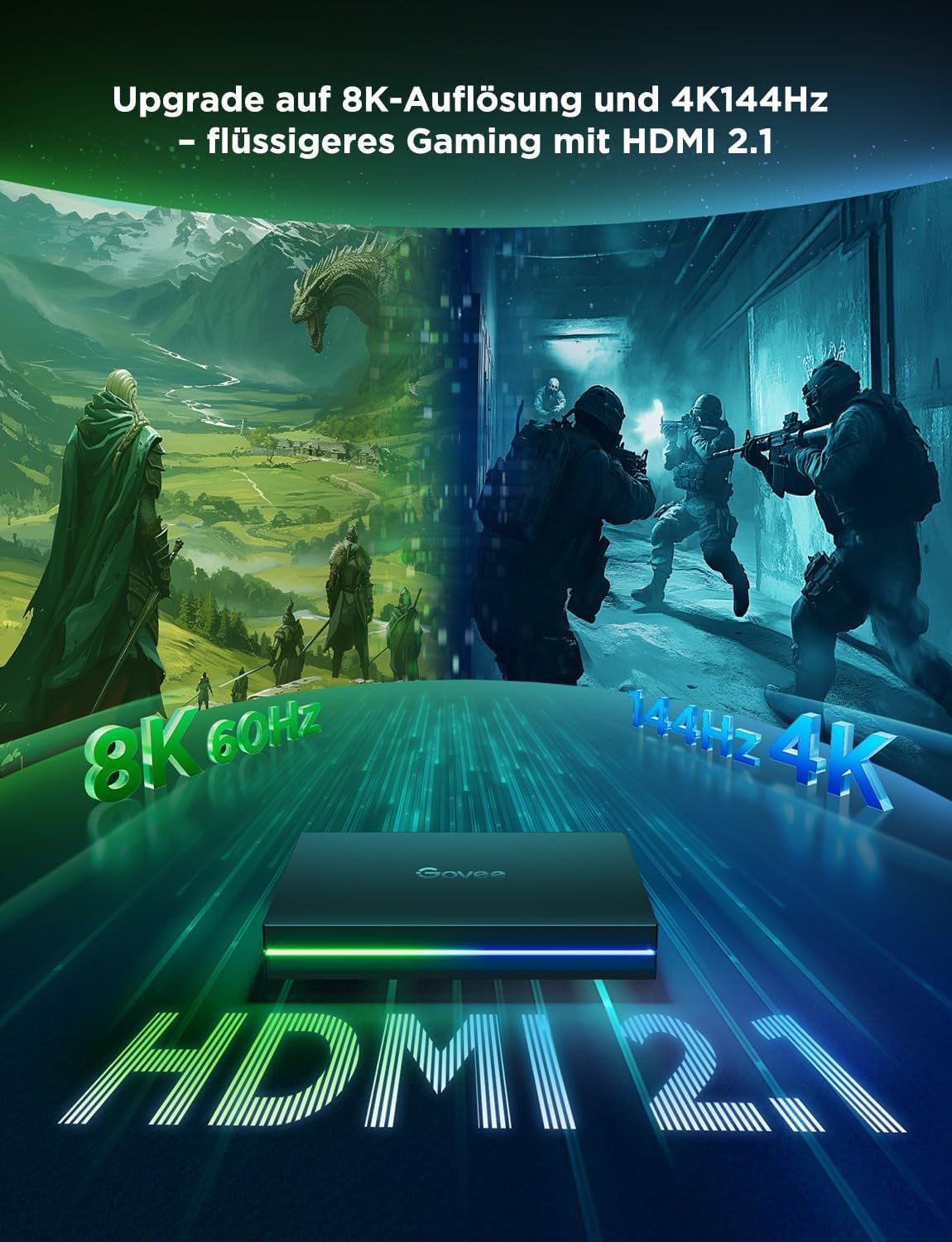 HDMI 2.1 Sync Box Kit mit TV-Hintergrundbeleuchtung, 8K bei 60 Hz und 4K bei 144 Hz, RGBWIC LED Streifen 75 LEDs/m, Modell H6604312DE
