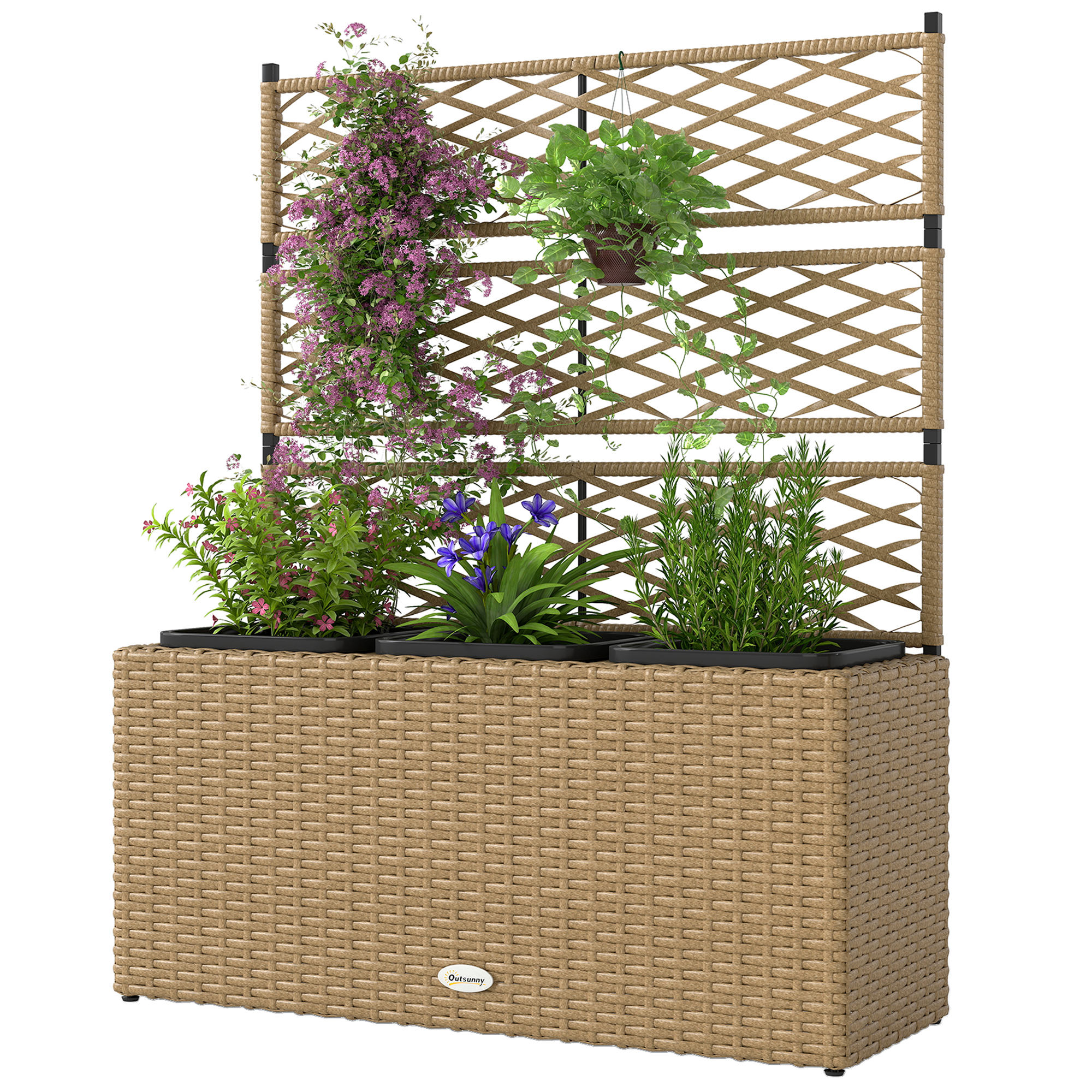 Outsunny Pflanzkübel mit Rankgitter 3 Töpfe Pflanzenkübel 33L Außenbereich Kunststoffgeflecht 84 x 30 x 107 cm Sand Schwarz