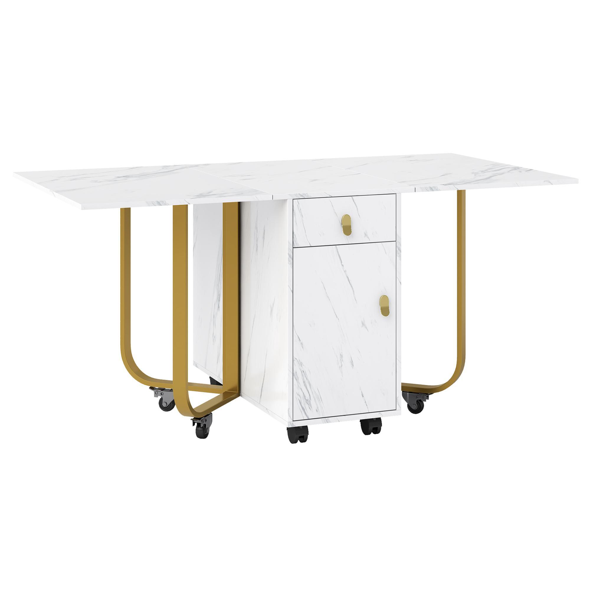 Klappbarer Esstisch mit Aufschrank und 2 Schubladen, Vielseitiger Küchentisch mit Rollen, 150×80×76 cm, Weiß+Gold