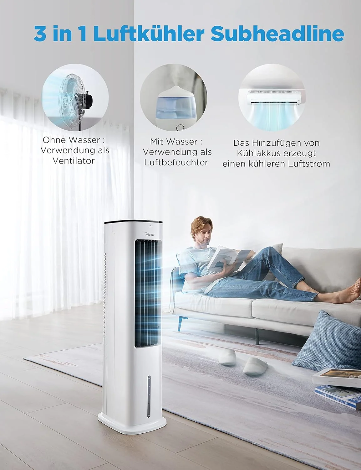 Midea 4-in-1 Mobile Klimaanlage ohne Abluftschlauch | Turmventilator mit Wasserkühlung & Luftbefeuchter | | Luftkühler mobil mit 5L Wassertank, 355m³/h Luftstrom, Ionisation, Fernbedienung (55W, Weiß)