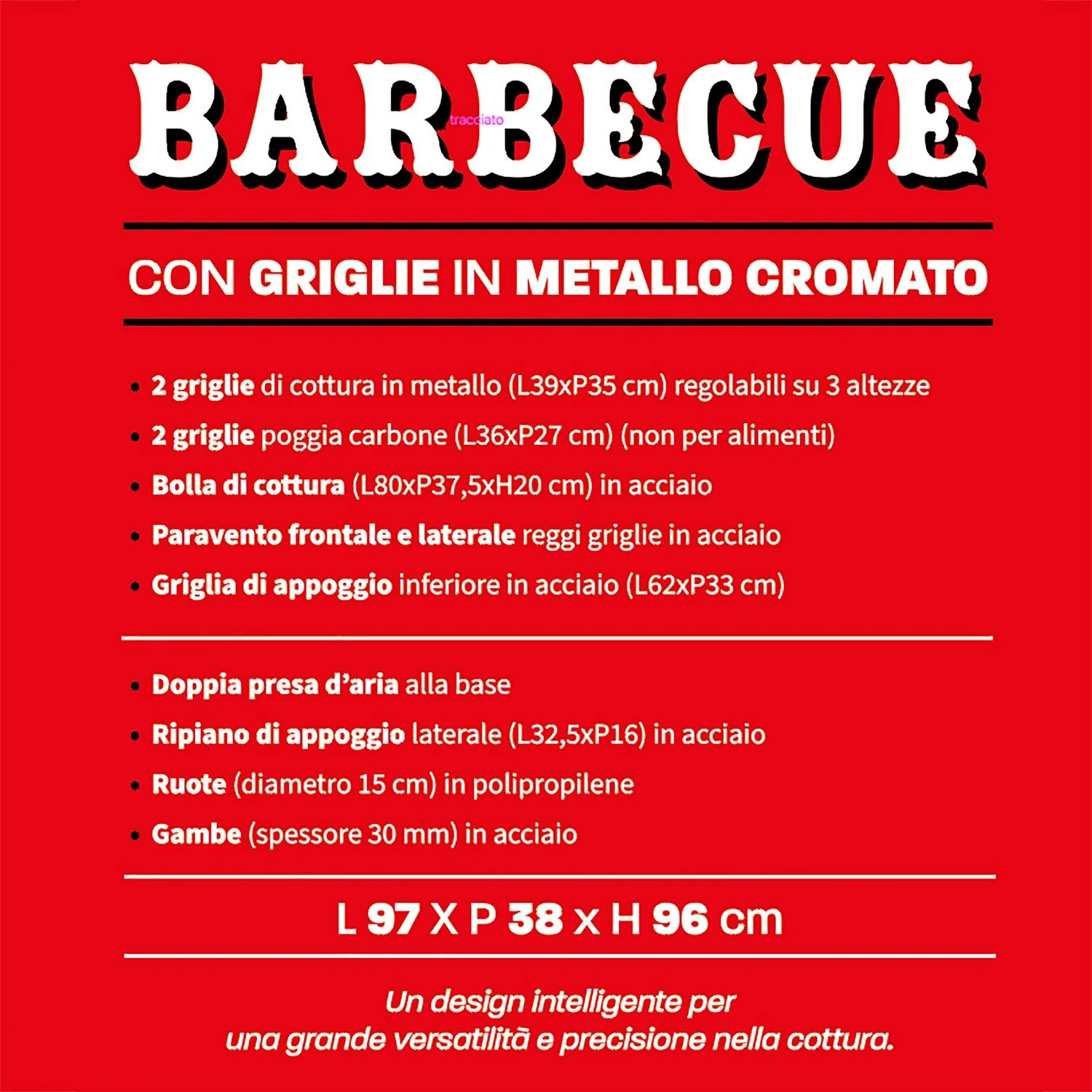 Barbecue con griglie in metallo cromato - h96x97x38 cm
