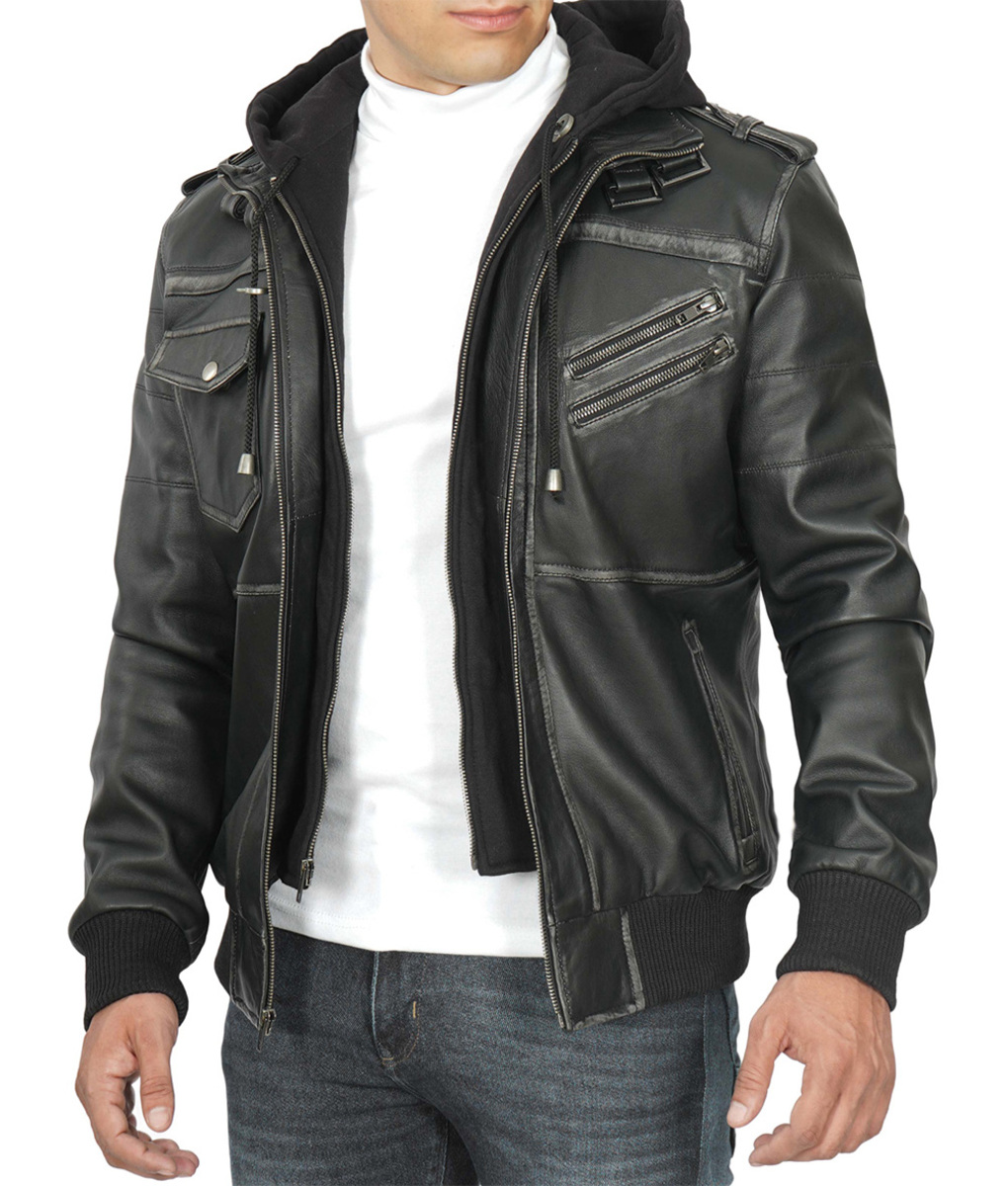 Mens Grey Leather Bomber Jacket with Removable Hood