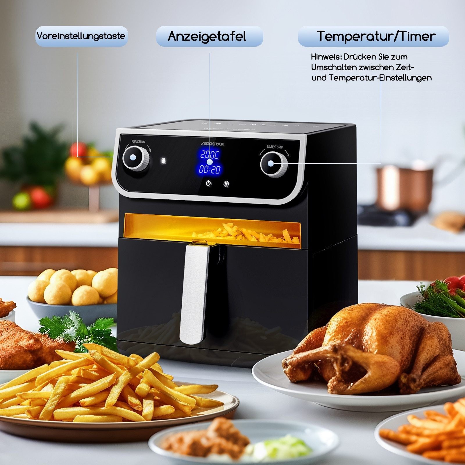 Heißluftfritteuse 1700W 8L Airfryer, 12-in-1 Kochvorgaben, Sichtfenster, Energiesparend