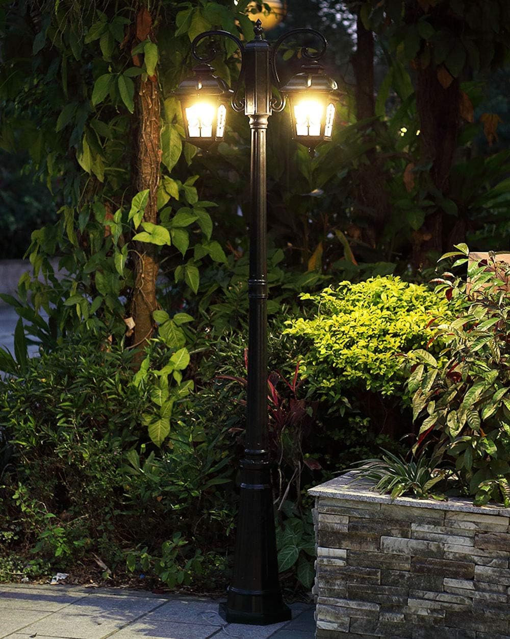Schwarz Straßenlaterne 2-Flammig Wegeleuchten Aluguss und Glas Kandelaber Hoflampe Garten-Laterne Vintage E27 Außenleuchte 230CM Rasen-Lampe