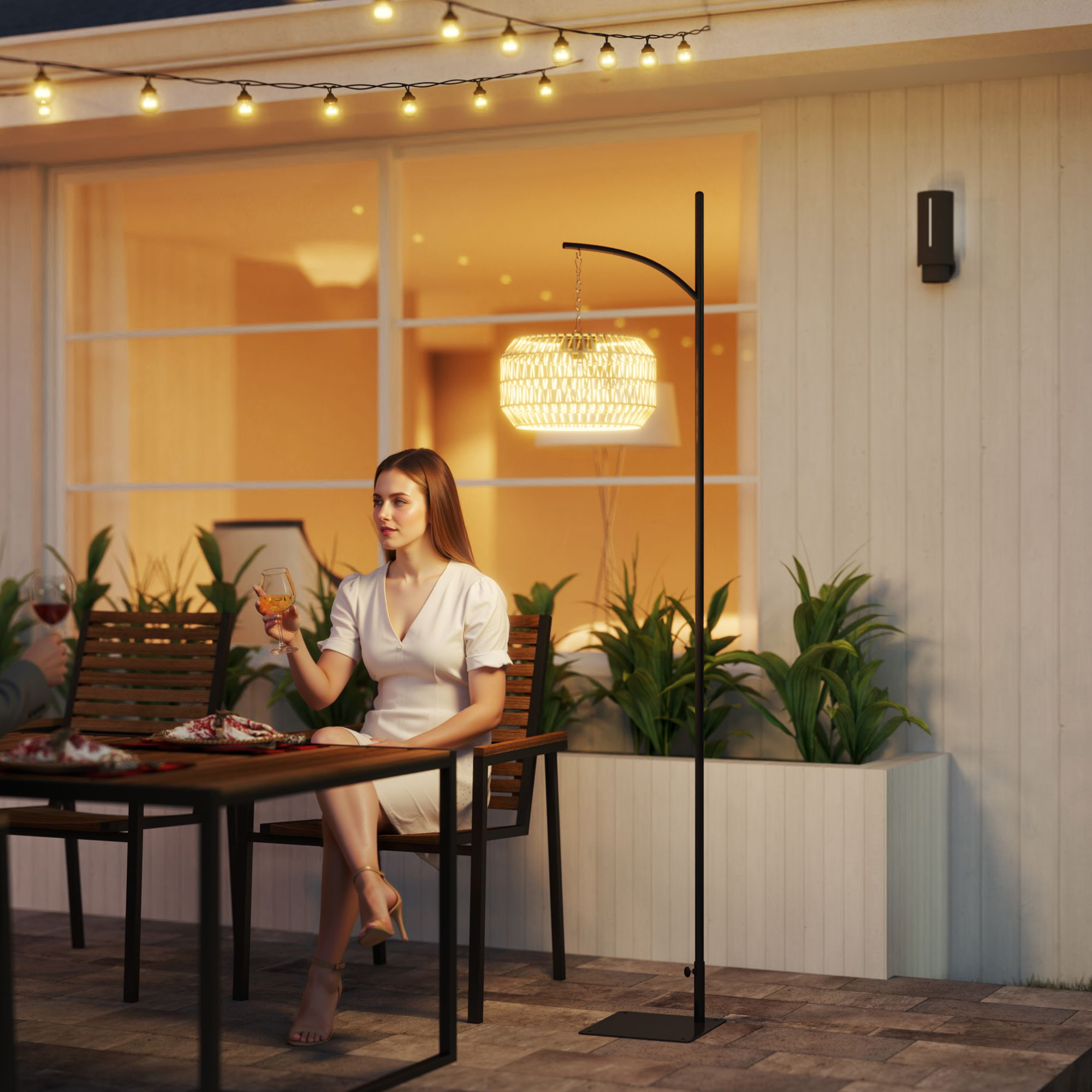Outsunny Solar Stehlampe Rattan Solarlampen mit Lichtsensor Automatische Solarleuchte im Boho-Stil IP44 Schwarz+Gelb