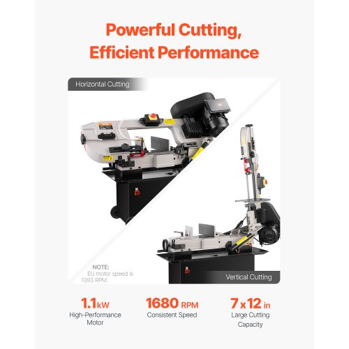 VEVOR Horizontale Metall-Bandsäge, 1,1 KW, 7 x 12 Zoll Schnittkapazität, 4 Geschwindigkeiten, Bandsäge mit variabler Geschwindigkeit, 220 V, horizontales und vertikales Schneiden für verschiedene Metallmaterialien, Holz und Kunststoff