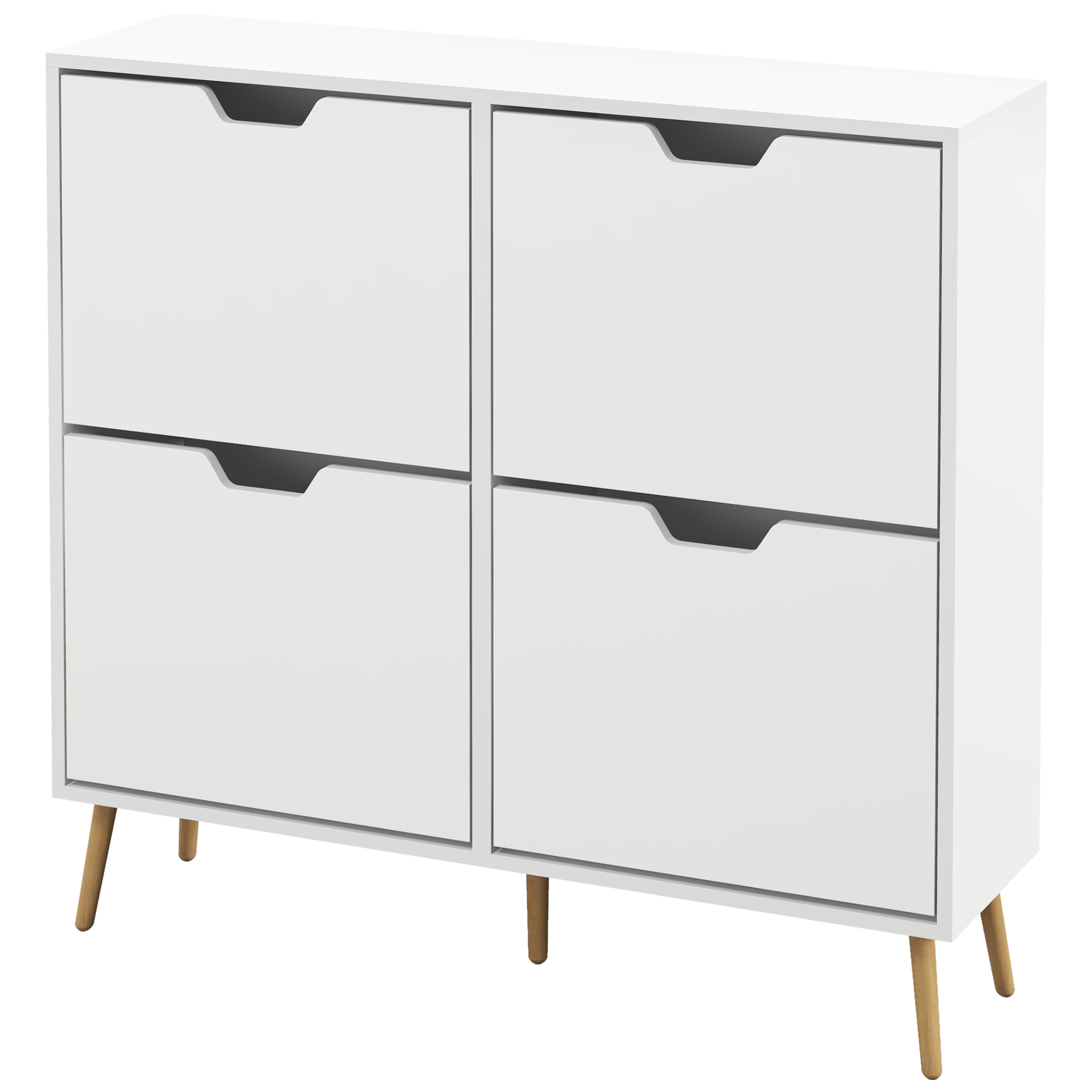 HOMCOM Schuhschrank 4 Klappen 16 Paare mit verstellbarem Regal Kiefernholzfüßen 95 x 26 x 95 cm weiß