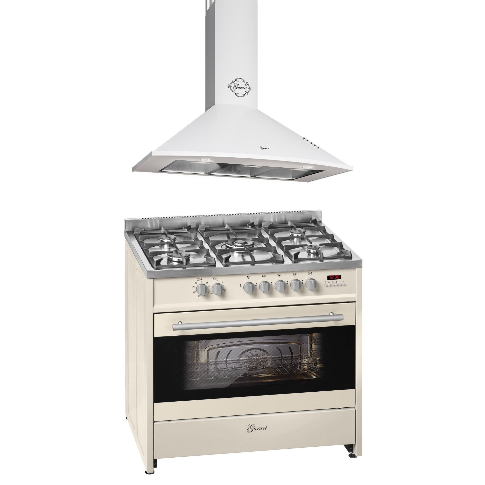 Gas-Standherd Gas Elektro Standherd 90 cm 121 L Erdgas Fl.Gas 4 Kw WOK mit Dunstabzugshaube 90 cm, Weiß, Saugstark 1000m³/h GCH E 911 Cr +GCH 046 WH 9.