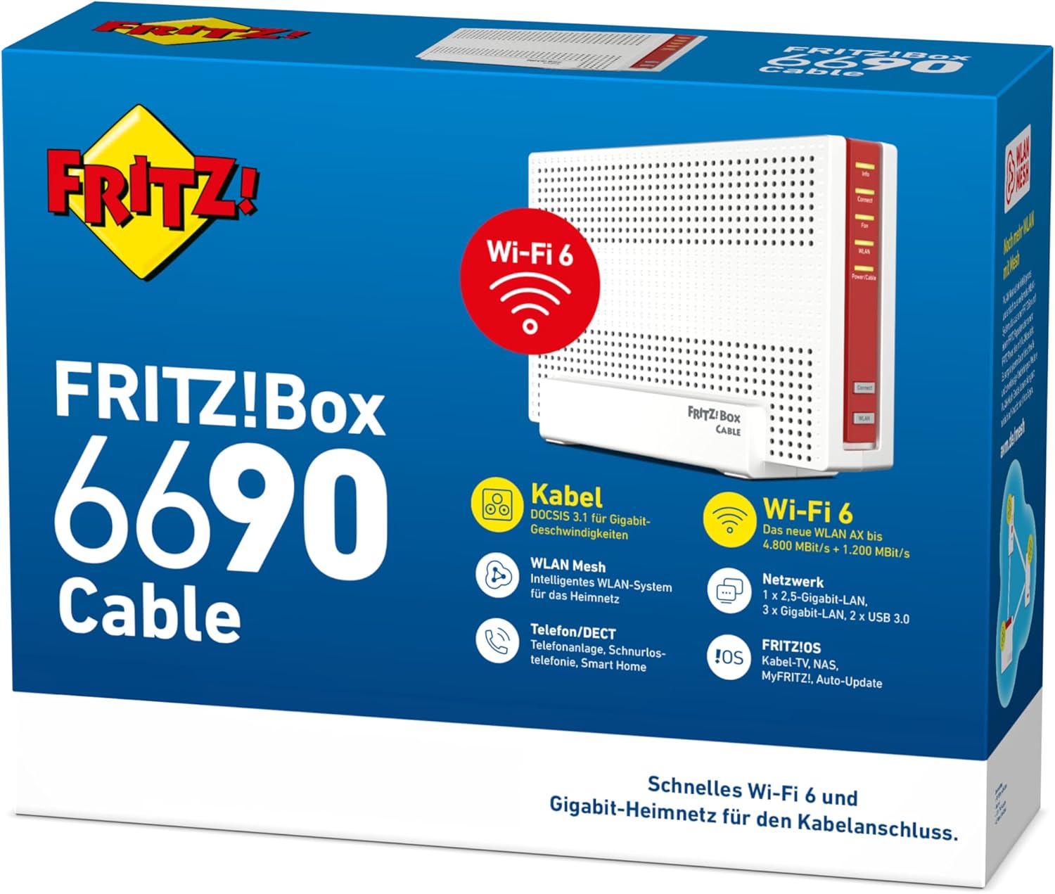FRITZ!Box 6690 Cable | Router für einen Kabelanschluss (DOCSIS 3.1-Kabel-Modem, 4x4 Wi-Fi 6 (WLAN AX) mit 4.800 MBit/s (5 GHz) + 1.200 MBit/s (2,4 GHz), 1x 2,5-Gigabit-LAN-Anschluss, USB 3.0, DECT)