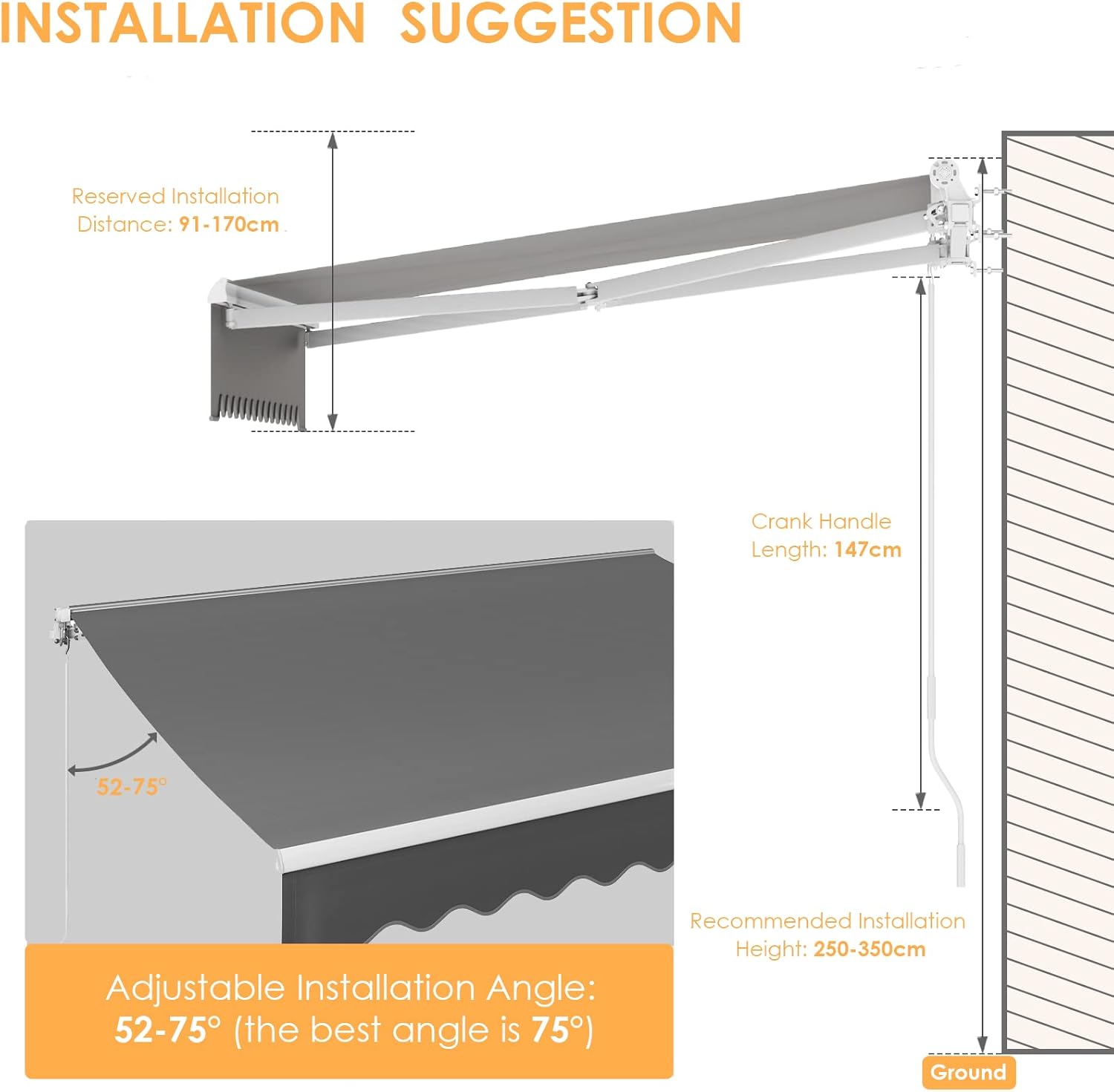 Awning with Extendable Arms 300 x 250 cm, UV Rays Arm Awning with Articulated Arm, Wall Mount, Crank Handle, Aluminium/Polyester, for Outdoors, Terraces, Balcony, Grey