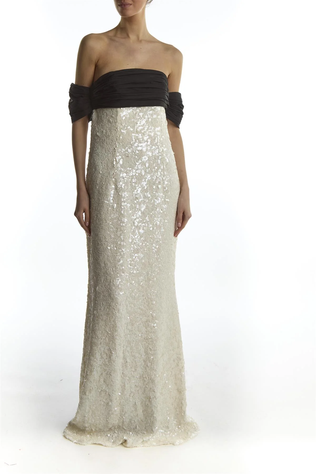 Paloma White Sequin Maxi-Dress With Black Bardot Bow Detail