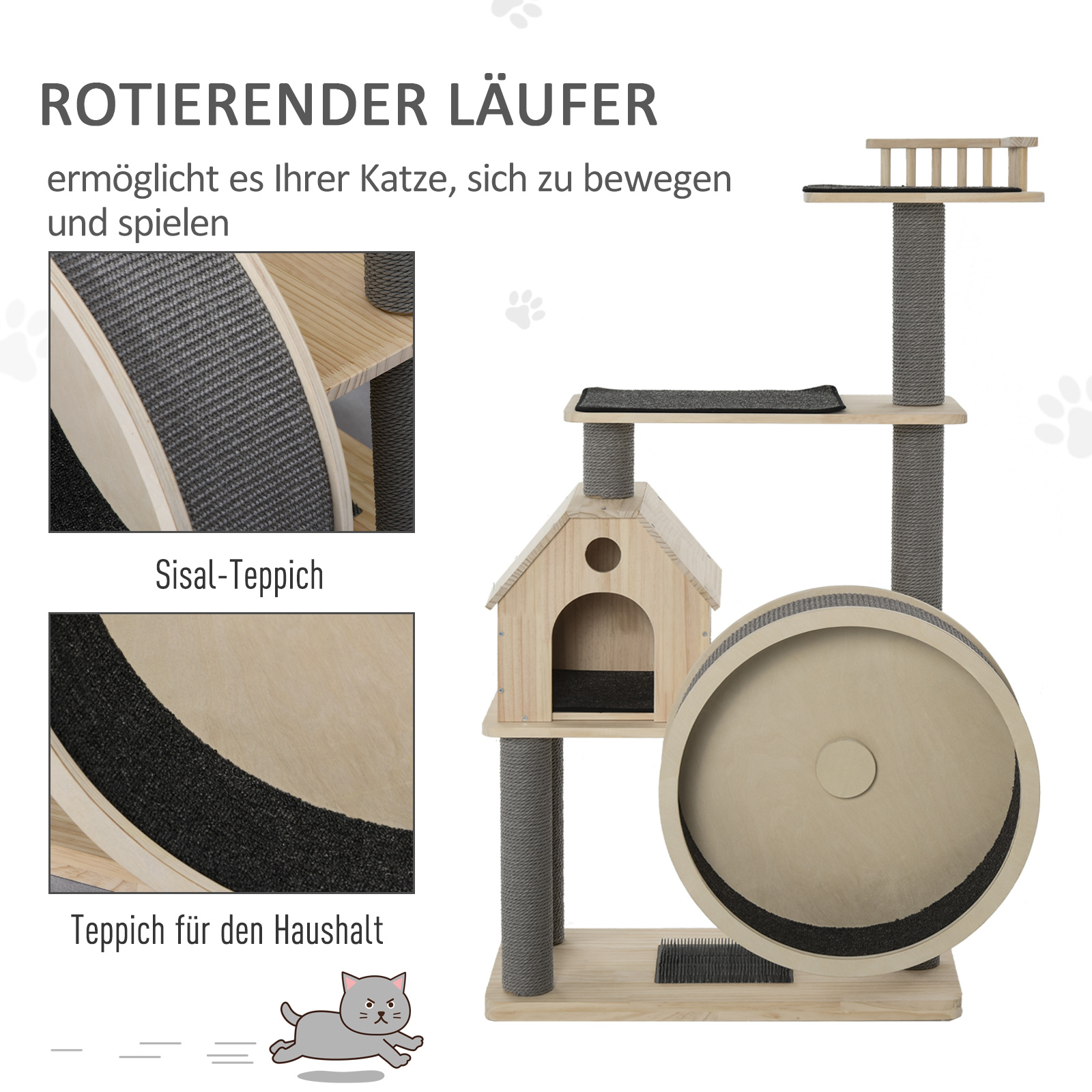 Kattenboom met loopwiel krabpaal met 4 verdiepingen kattenhuis met sisalpalen massief hout