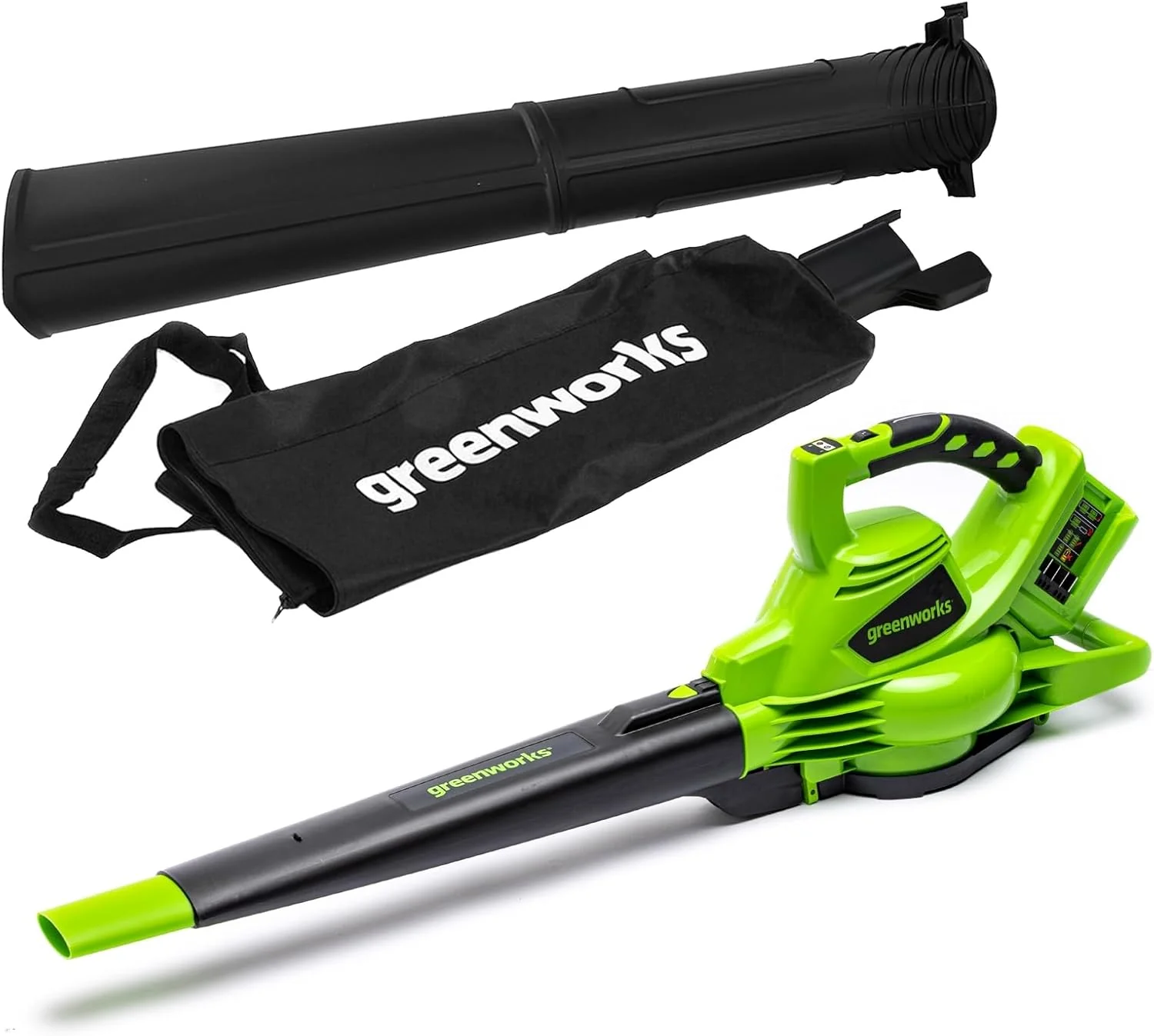 Greenworks 48V (2x24V) accu bladzuiger/bladblazer met schouderriem, borstelloze motor, 322 km/u, 9 m3/min, 45L opvangzak, twee 4Ah accu's & lader, 3 jaar garantie GD24X2BVK4X