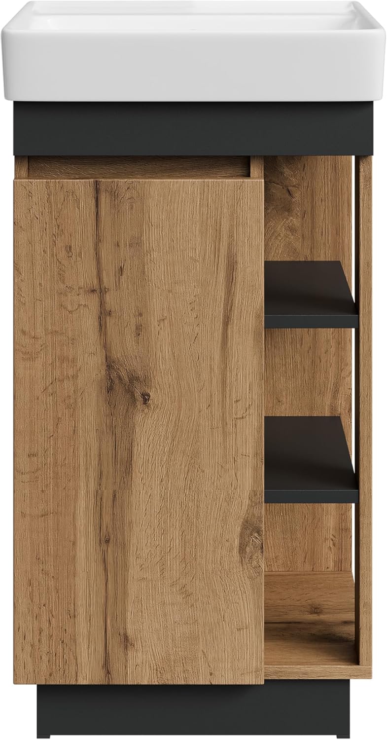 Planetmöbel Nyx Badmöbel Waschtisch mit Unterschrank 45 x 85,9 x 42 cm Wotan Eiche/Anthrazit, Badezimmermöbel für Gäste-Bad, WC