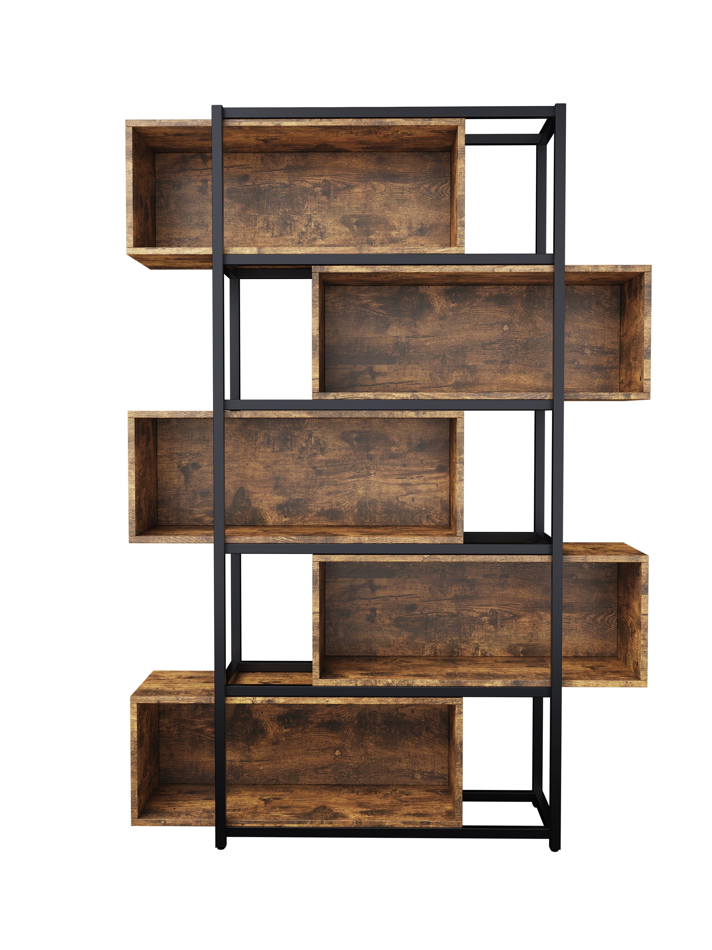 Bücherregal mit 5 Etagen, Holzmaserung und schwarzem Metallrohr, 121×35×176 cm, Schwarz+Braun
