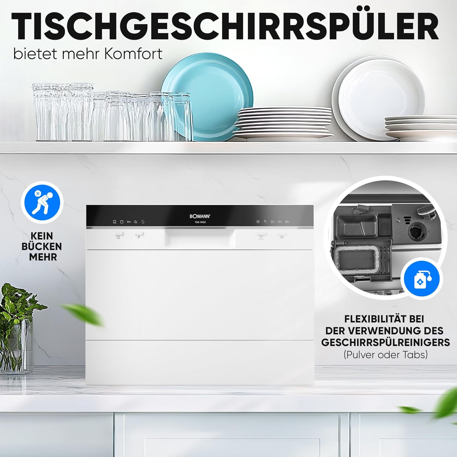 Bomann® Mini Geschirrspüler mit Wasseranschluss | inkl. Schlauch | Tisch Geschirrspüler leise | Mini Spülmaschine für kleine Küchen/Camping | Spülmaschine klein m. Überlaufsicherung | TSG 7405 weiß
