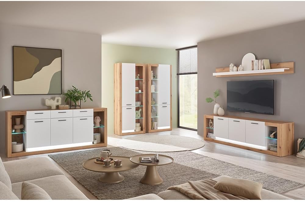 Lomadox Wohnzimmer-Set mit Sideboard & Vitrinenschränken in Eiche mit weiß, inkl. LED Beleuchtung, modern, Wohnmöbelset 5 teilig