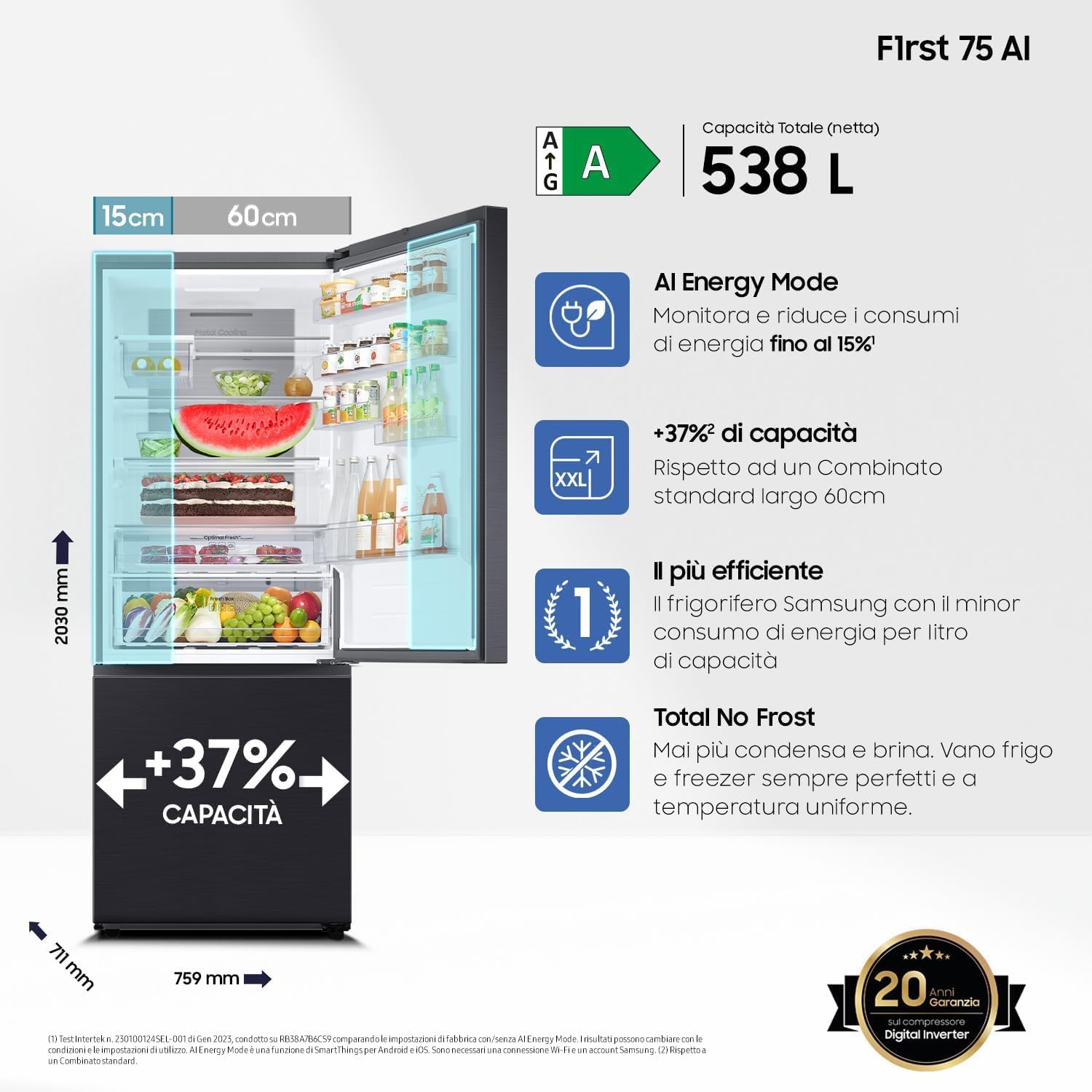 Frigorifero Combinato F1rst 75 AI RB53DG706AB1/EF, Wifi, Largo 75cm, Twin Cooling Plus, Metal Back, Total No Frost, 538 L, LxAxP: 75,6 x 203 x 71,1 cm, Antracite
