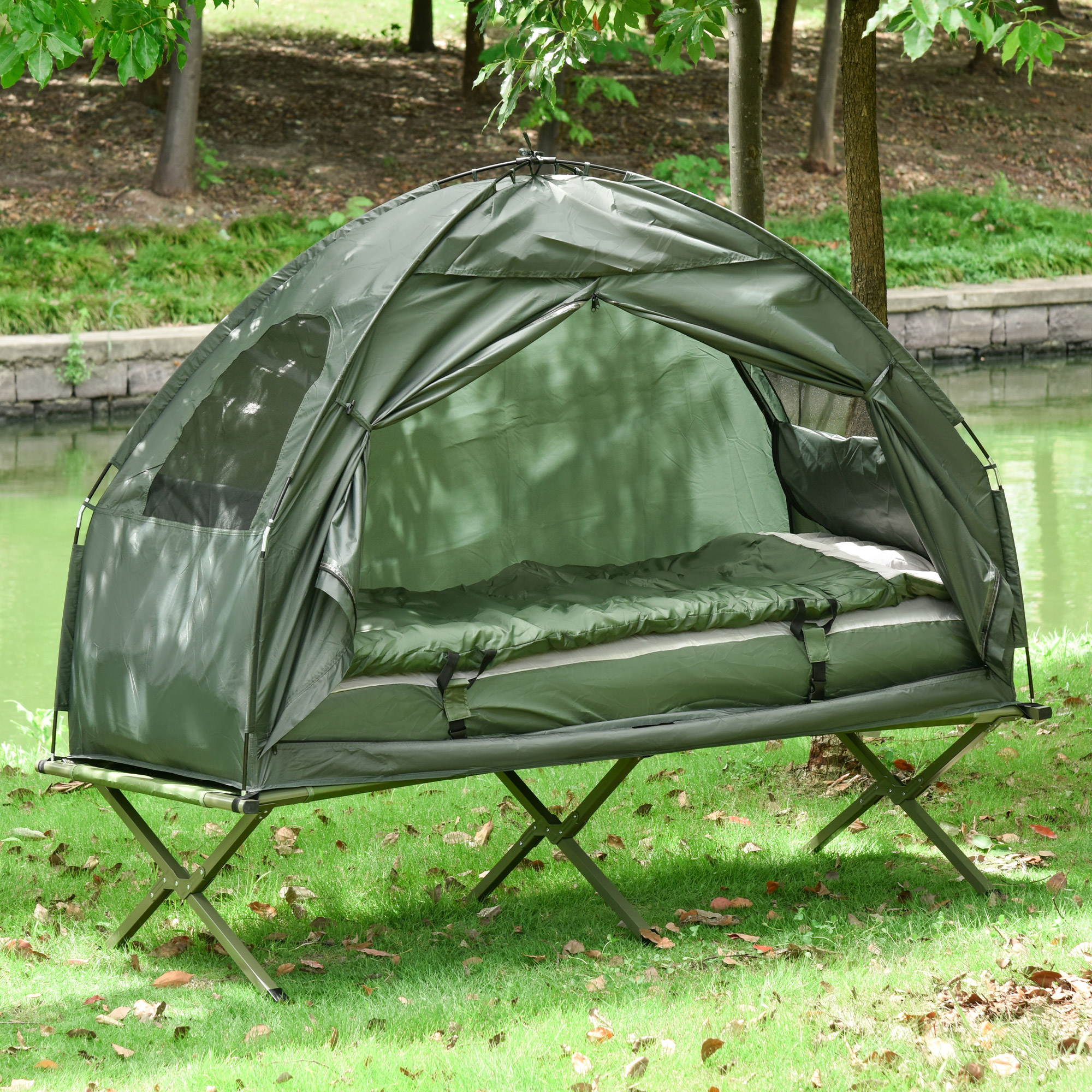 Outsunny Campingzelt-Set mit Feldbett, Schlafsack und Matratze Dunkelgrün