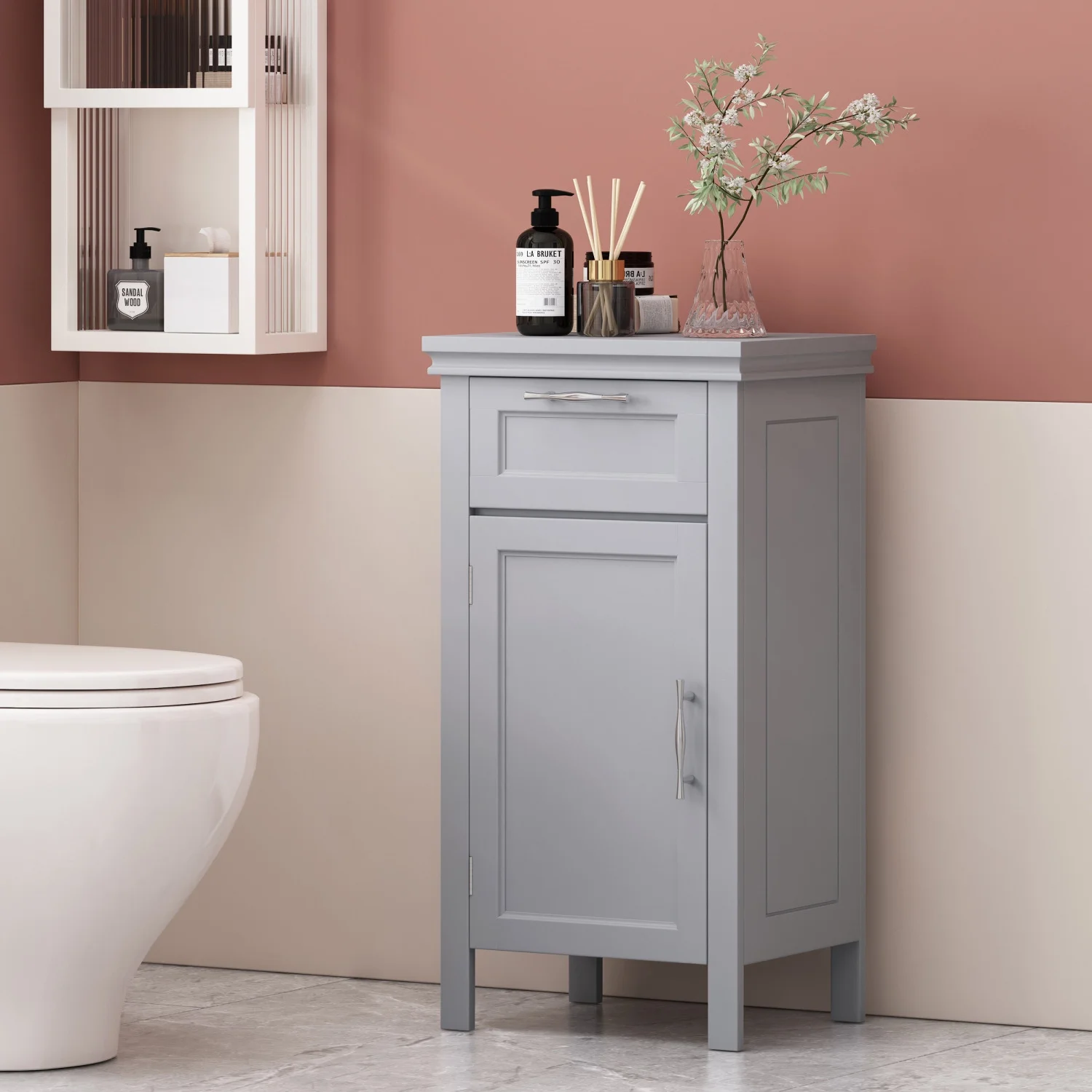 Modern White Wooden Bathroom Cabinet with Doors – Space-Saving Freestanding Storage for Home & Office