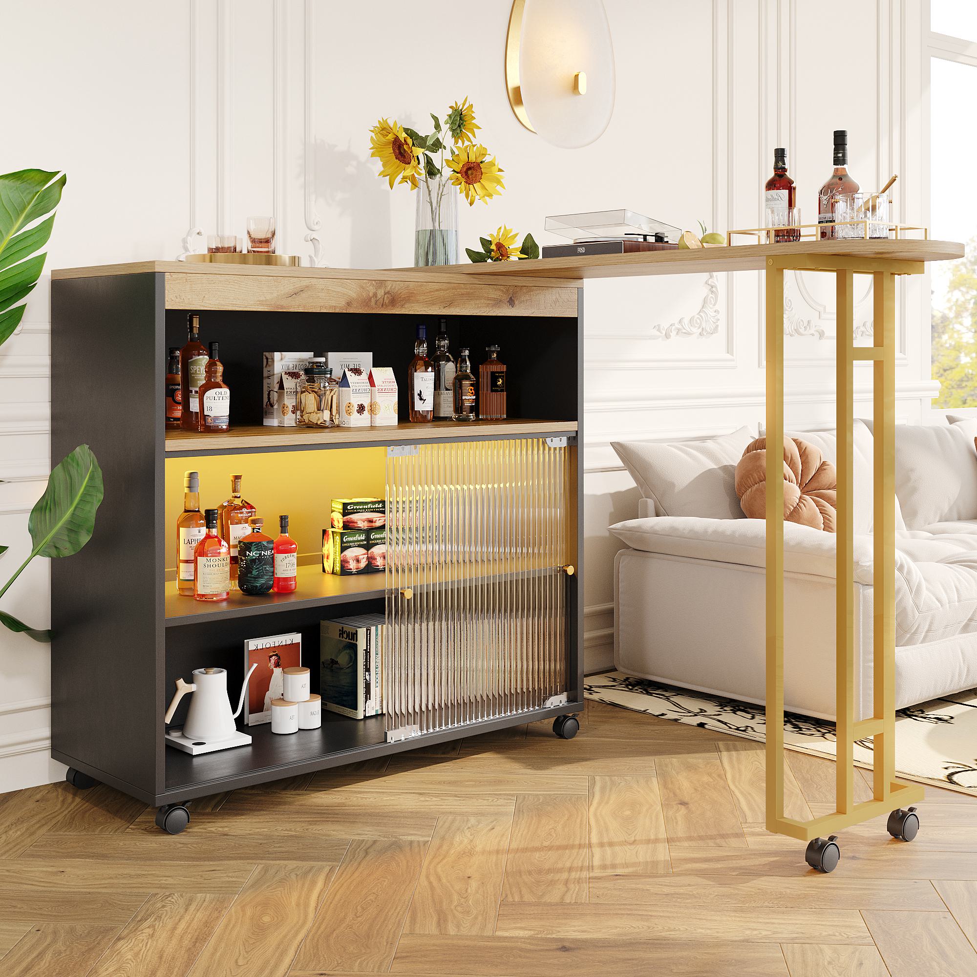Ausziehbarer Bartisch mit Stauraum, Moderner Beweglicher Bar-Tisch, Teleskopischer Bartisch mit LED, 138-204×39×105cm, Schwarz