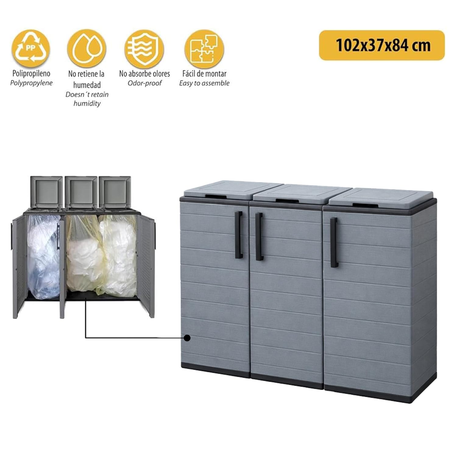 Maury's Armadietto Pattumiera 300 Lt per la Raccolta Differenziata Da Esterno e Interno 3 Vani Separati 102x37xh84 cm con Anelli Portasacco Scomparti per Rifiuti e con Ante (3 Scomparti)