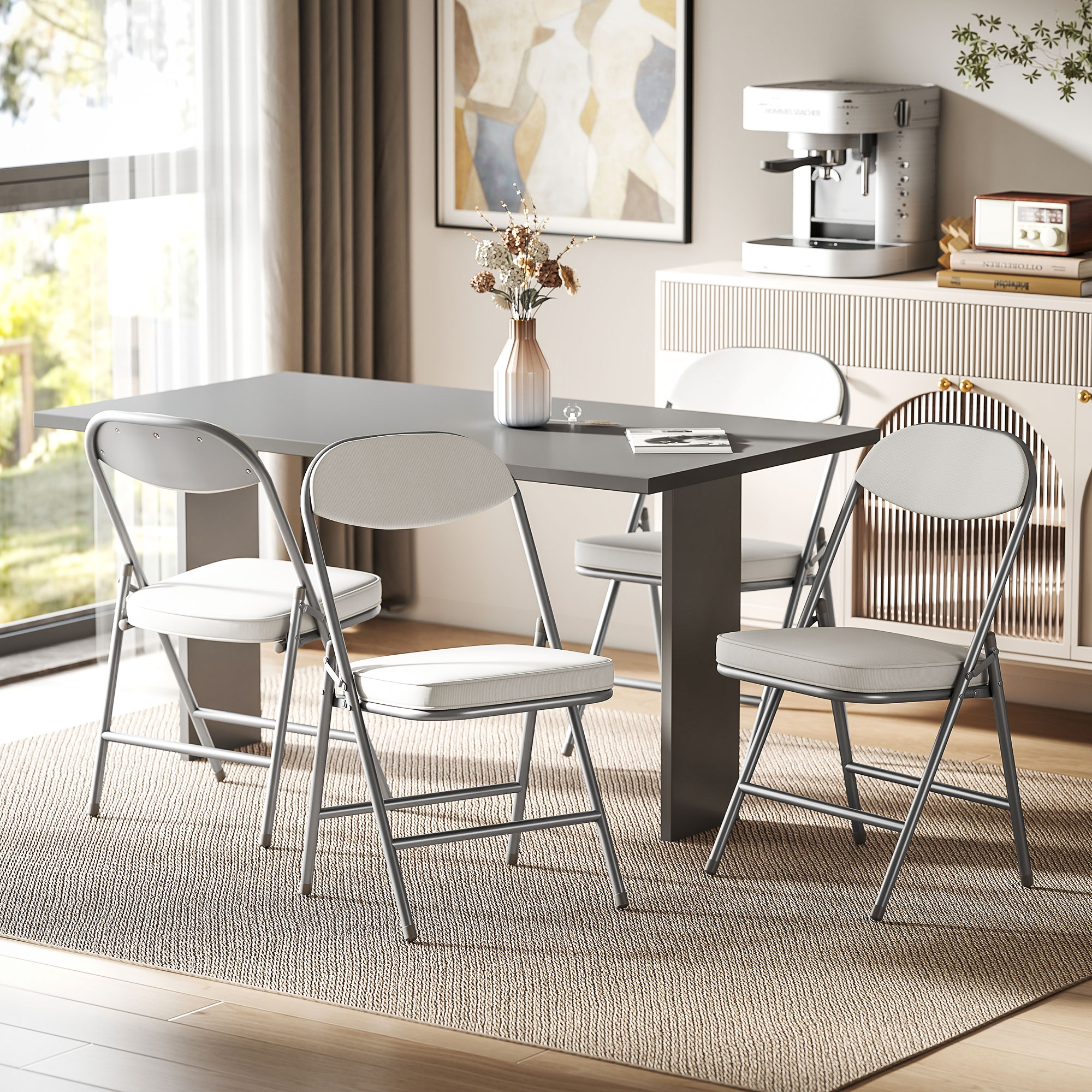 4-delige Set Gestoffeerde Opklapbare Stoelen, Opvouwbare Stoelen met Corduroy Bekleding, Rugleuning, Metalen Frame, Cr��mewit