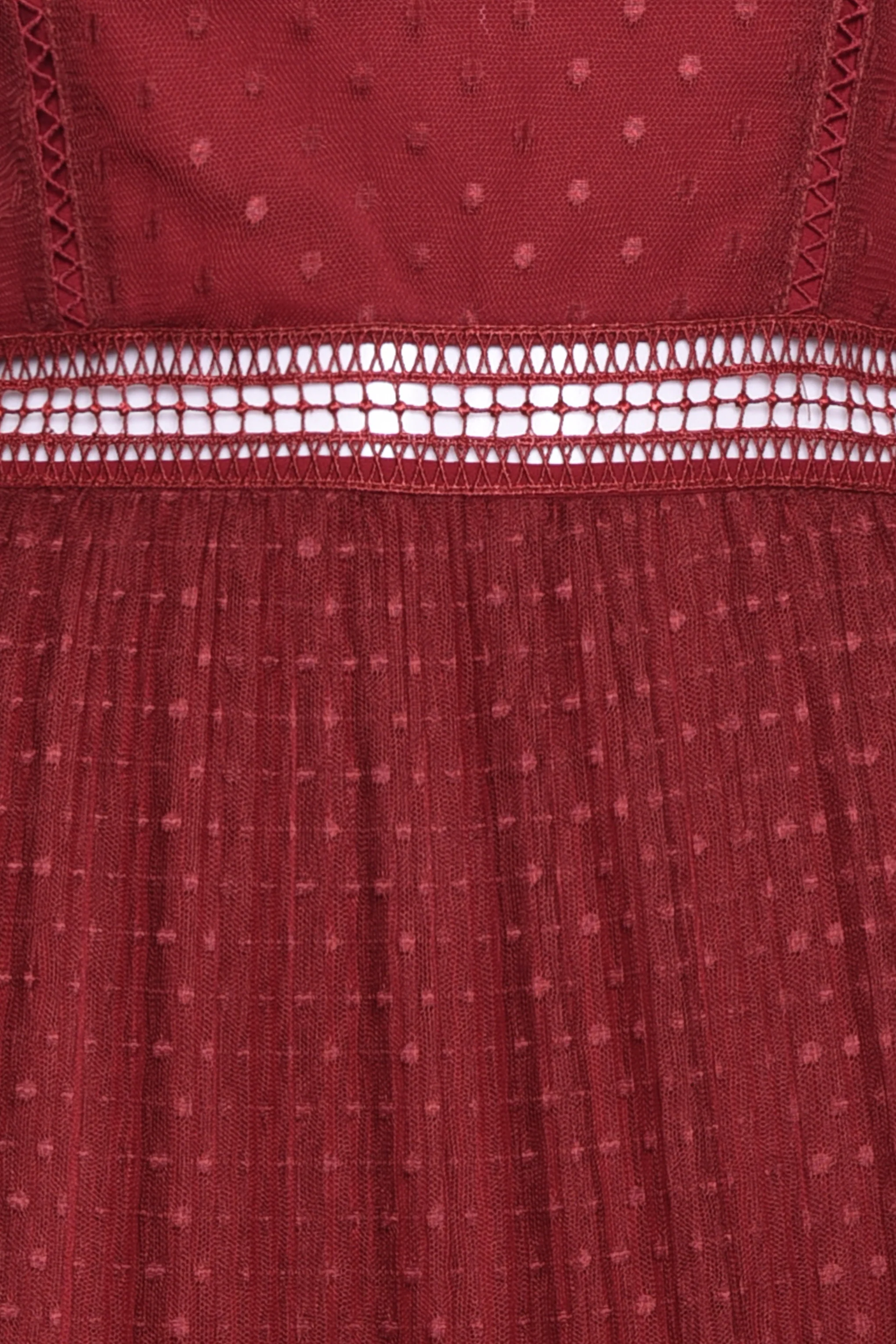 Burgundy Polka Dot Mesh High Neck Long Sleeve Layered Maxi Dress