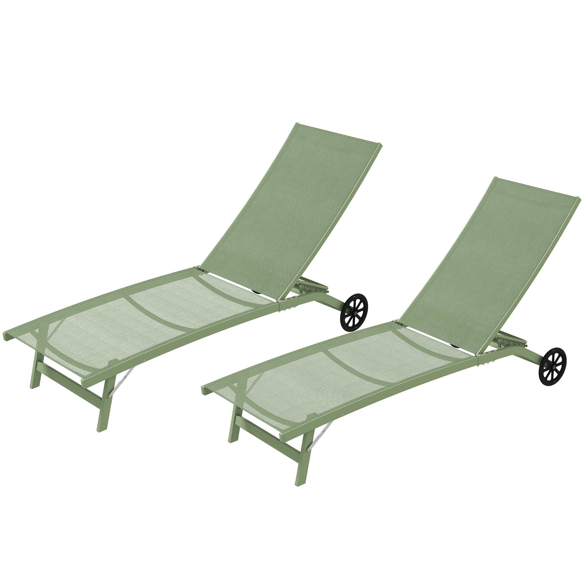 Outsunny Set aus 2 Sonnenliegen aus Aluminium und Textilene mit Rollen verstellbarer Rückenlehne maximale Belastung 150 kg Dunkelgrün
