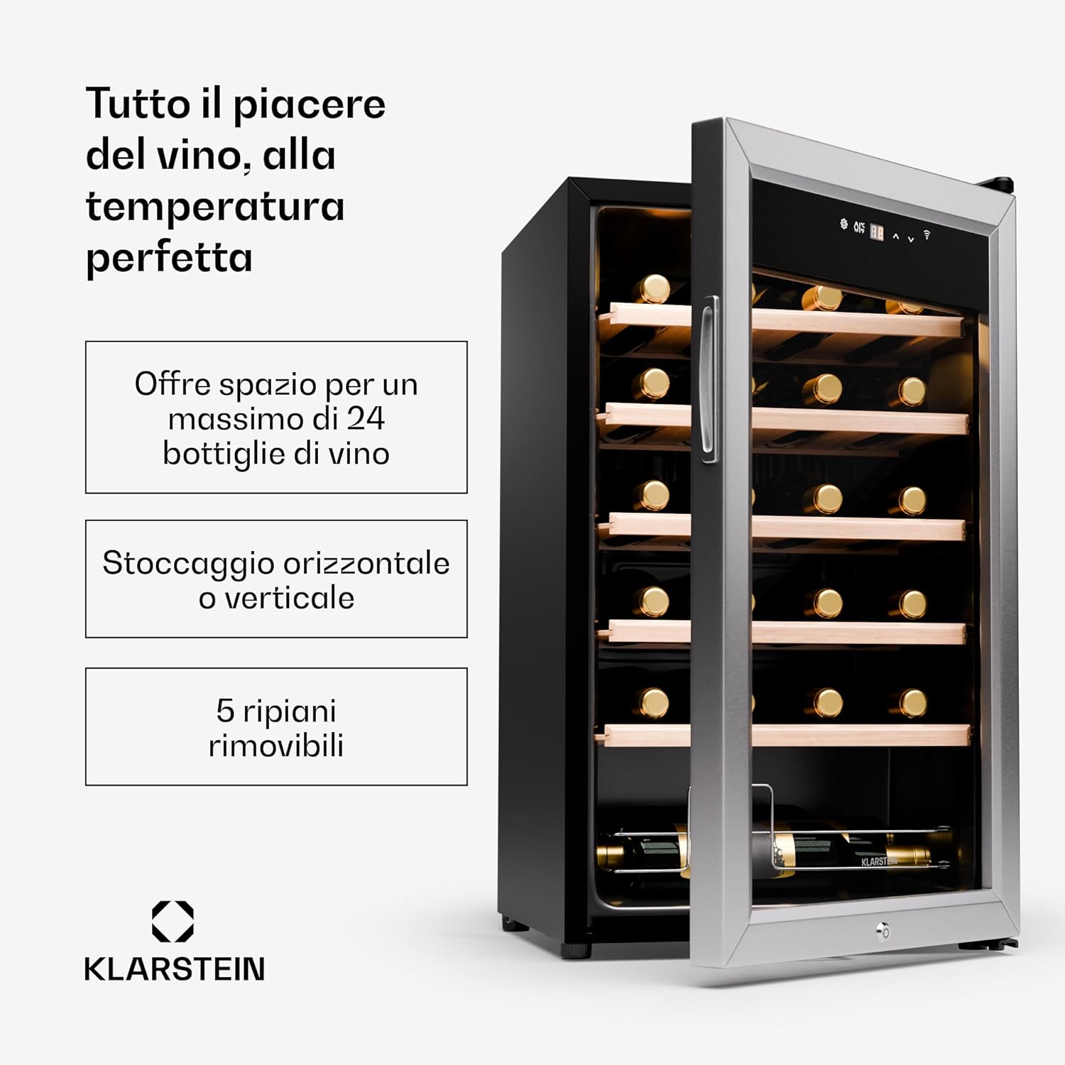 KLARSTEIN Shiraz Premium Smart 24 - Frigorifero per vini, 24 bottiglie, temperatura regolabile, illuminazione LED, controllo WiFi, display touch