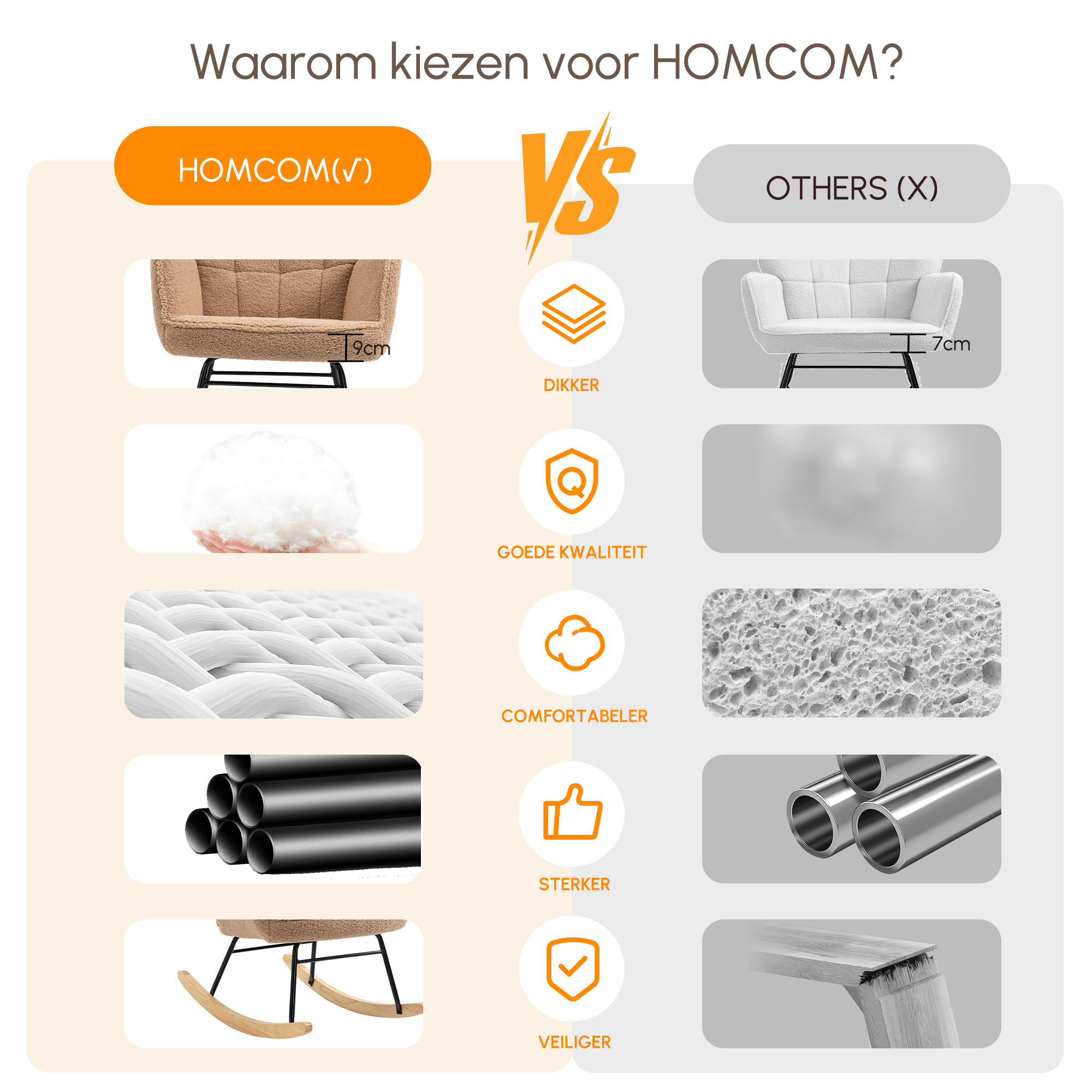 Schommelstoel in Retro-Design, Massief Hout, Stoel, Relaxstoel, 92 cm x 71 cm x 101 cm, Bruin