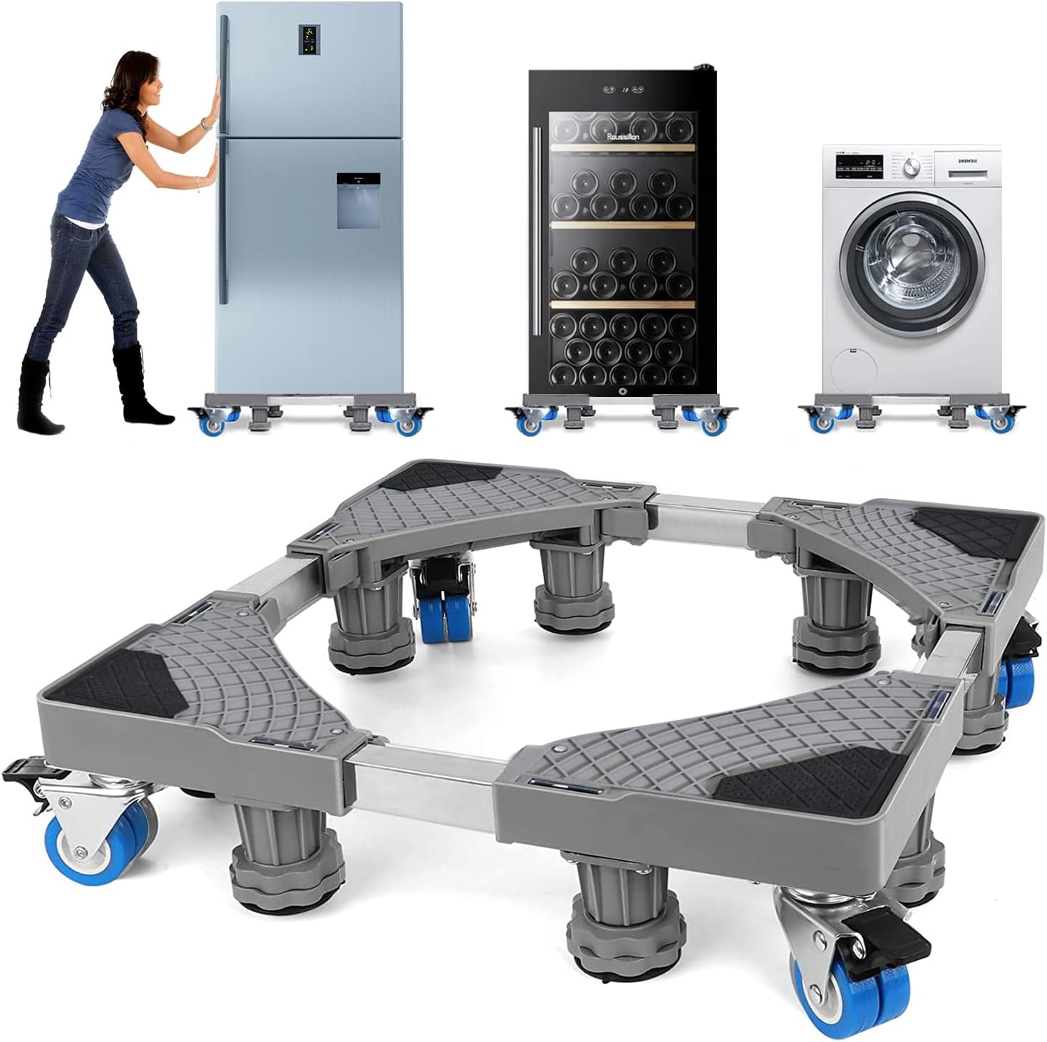 NIUXX Washing Machine Base with 8 Feet + 4 Wheels for Washing Machine, Refrigerator and Dryers, Adjustable Washing Machine Base with Shock Absorption Function, Width 41.5 to 65 cm