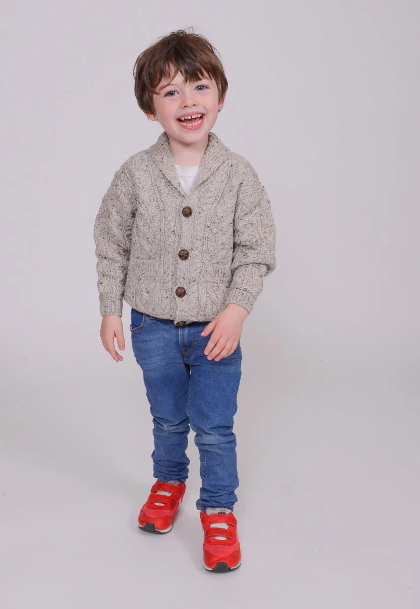Childrens Aran Shawl Cardigan , Oatmeal
