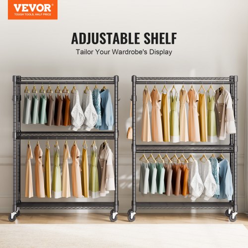 VEVOR 3-lagiger Rollbarer Kleiderständer Garderobenständer Kleiderstangen, 204 cm Höhe Stahl Kleiderständer 182 kg Belastbar, Strapazierfähig Ständer für Schlafzimmer, Wäscheraum, Ankleidezimmer usw.