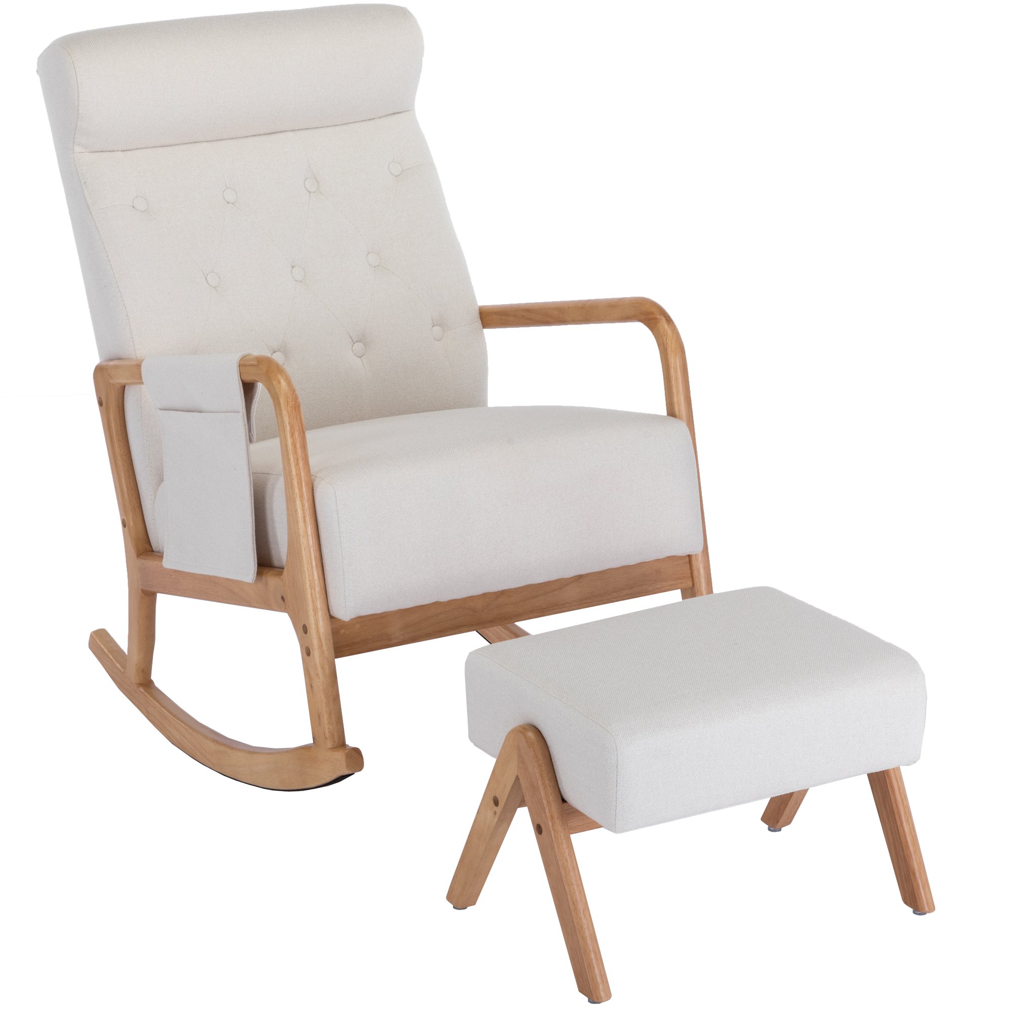 Schaukelstuhl mit Hocker - Ergonomisch, mit Fußstütze, hochwertiger Stoff, massives Holz, 65x85x94 cm, Beige