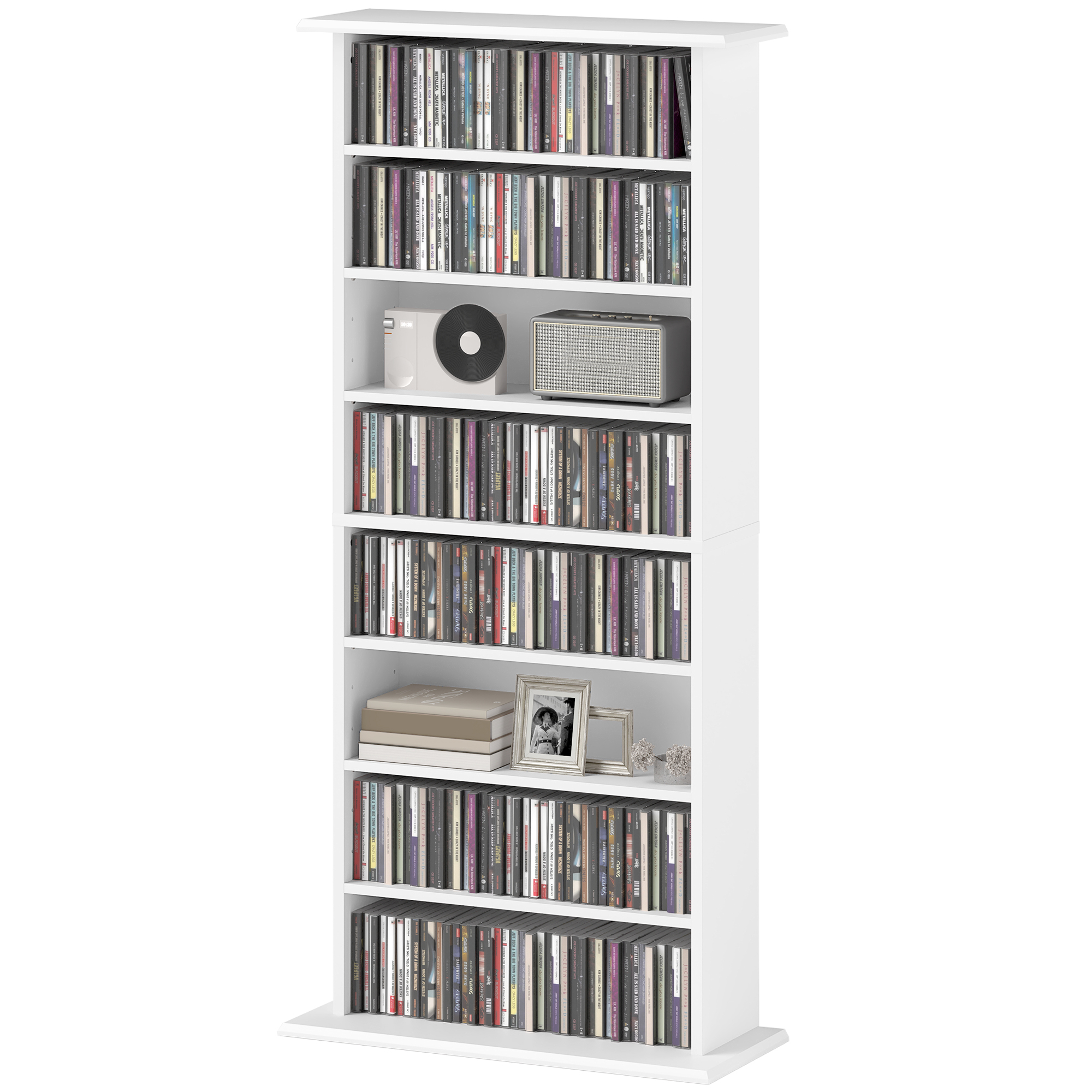 HOMCOM CD- und DVD-Aufbewahrung mit 8 Fächern und 6 verstellbaren Regalen, max. Kapazität 360 CDs/185 DVDs und Blu-ray, weiß