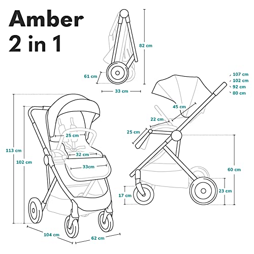 LIONELO Amber Passeggino 2in1 Duo Passeggino da 0 a 48mesi con Seduta secchiello   Navicella per neonato e bambini a 22kg Regolabile, pieghevole e leggero Ruote grandi Cappotina XXL : Prima infanzia