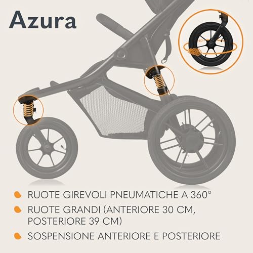 LIONELO AZURA Passeggino per Jogging da 6 mesi a 22kg Passeggino a Tre Ruote, Schienale Regolabile Completamente Reclinabile Grandi Ruote Gonfiabili Sospensione Completa Cappottina XXL : Prima infanzia