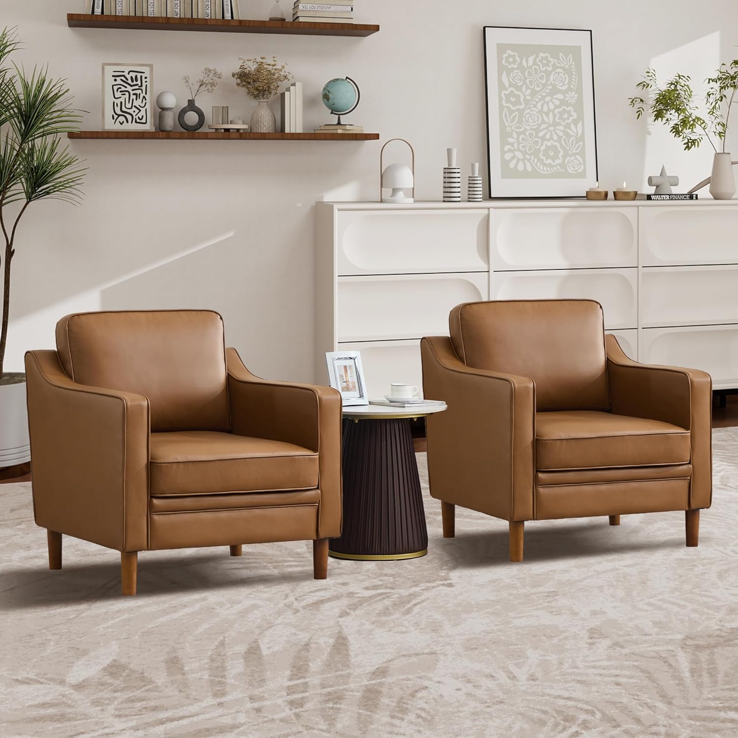 Kingfun Accent Chair Set of 2, Living Room Chairs, Faux Leather Reading Armchair, Mid Century with Solid Wood Foot, Upholstered Modern Decor for Bedroom, Apartment, Brown