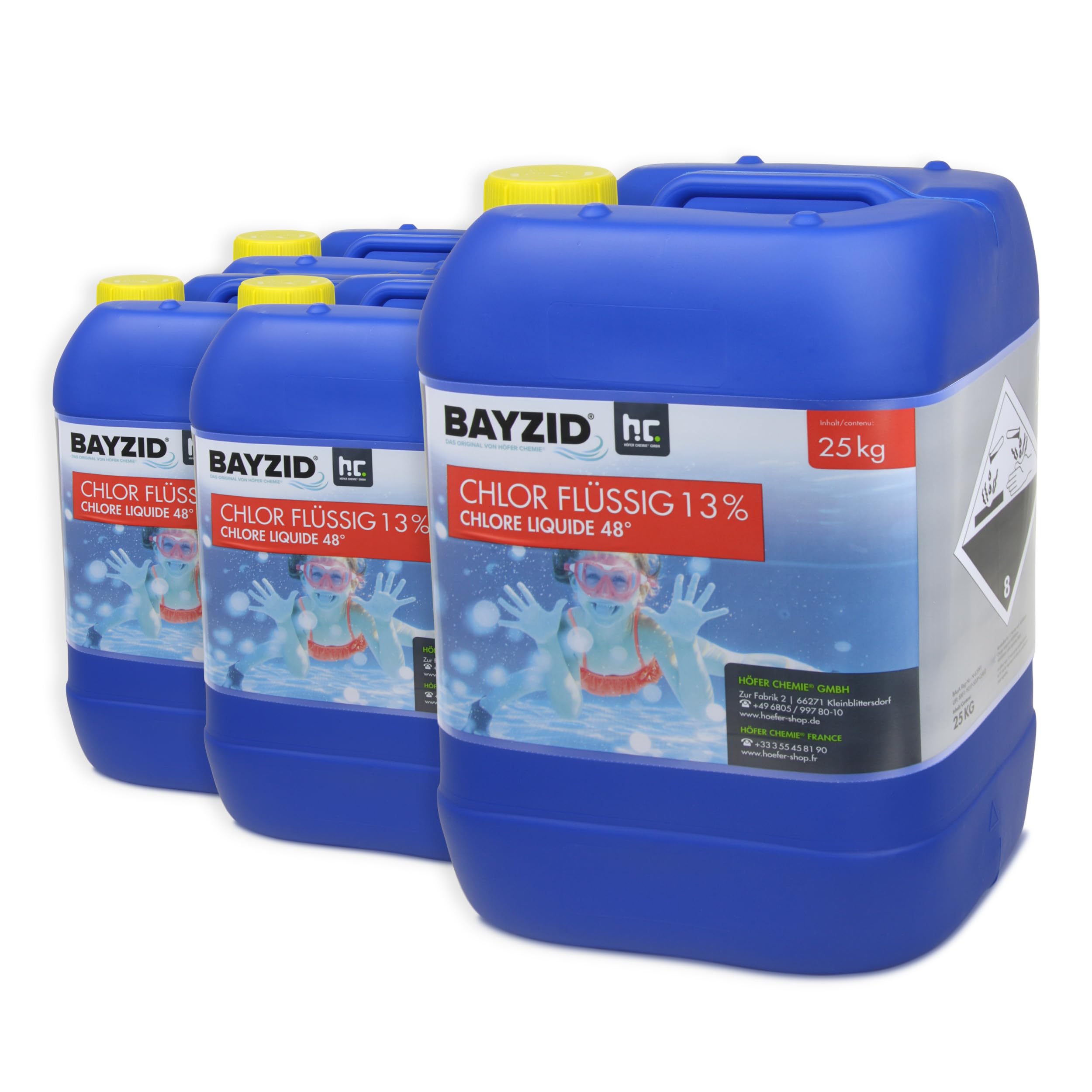 Höfer Chemie Chlorflüssig 4x25kg 13 bis 15% Aktivchlorgehalt für Poolpflege Wasserdesinfektion Made in Germany