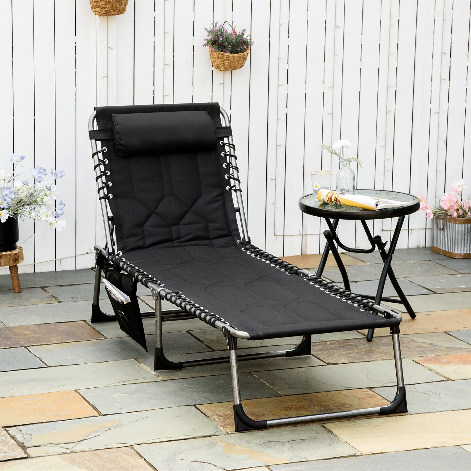 Outsunny Sonnenliege faltbar Gartenliege Klappliege mit Kissen Garten 5-stufige Rückenlehne verstellbar Stahl Oxford-Stoff Schwarz 188 x 57 x 30 cm