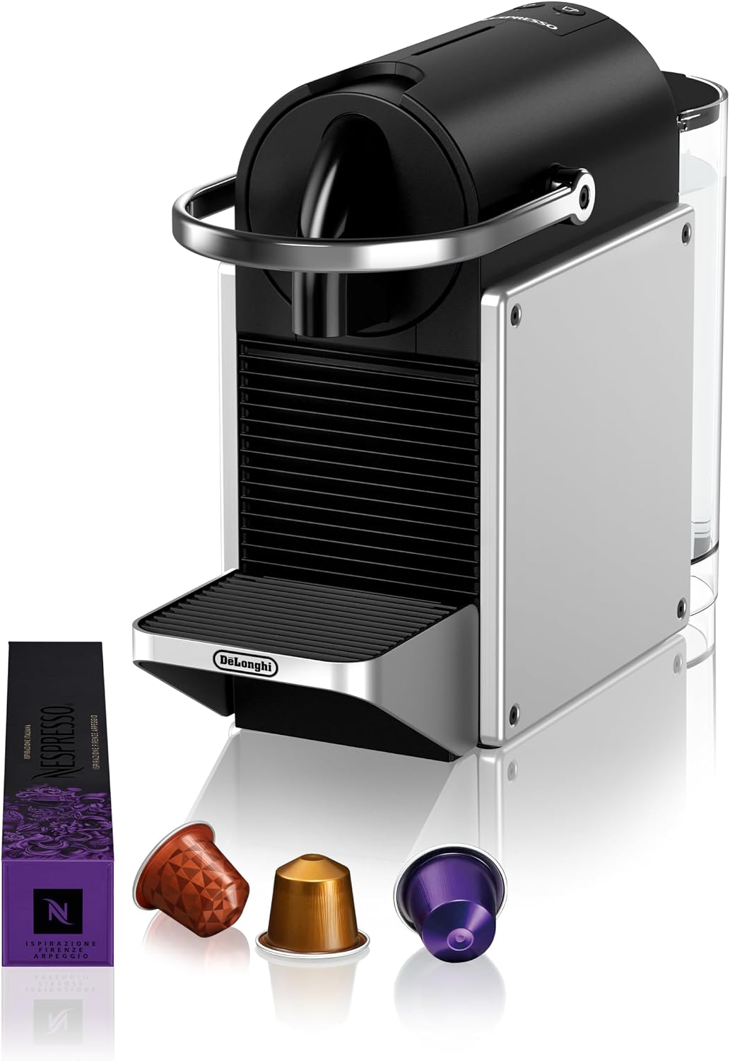 Nespresso De'Longhi Pixie EN127.S, Macchina da Caffè con Sistema Capsule Nespresso, Modalità ECO, Espresso e Caffè Lungo, Design Compatto, Pressione 19 Bar, 1260W, Silver