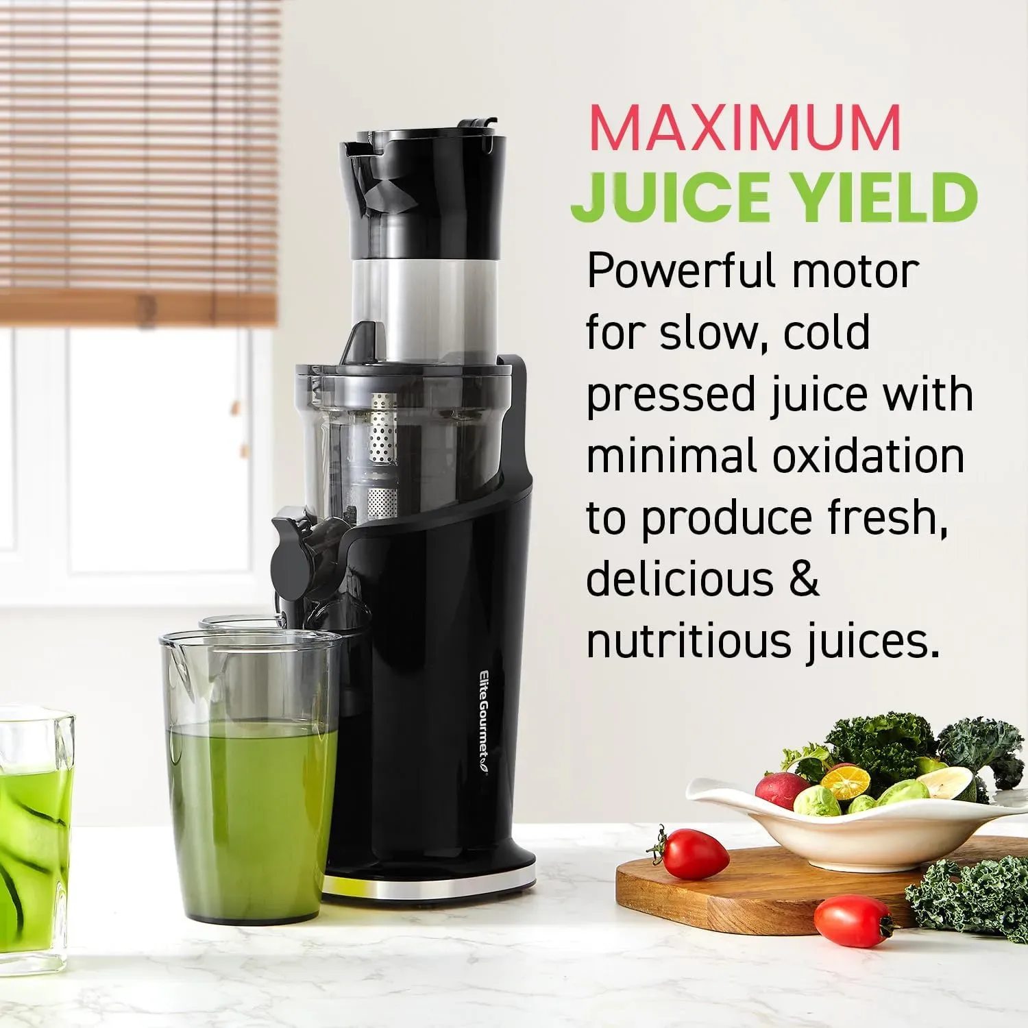 Elite Gourmet EJX320 Big Mouth Whole Fruit 5.2&rdquo; Self Feeding Chute, Cold Press Masticating Slow Juice Extractor，Black