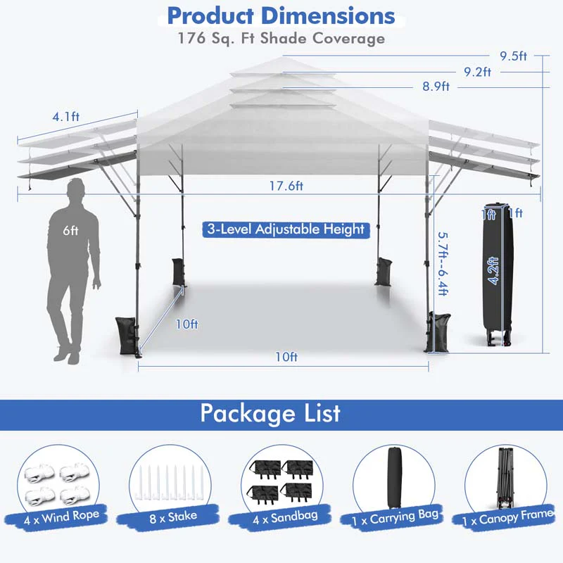 10 x 17.6 FT Outdoor Instant Pop-up Canopy Tent for Market Picnic with Dual Half Awnings & Wheeled Bag