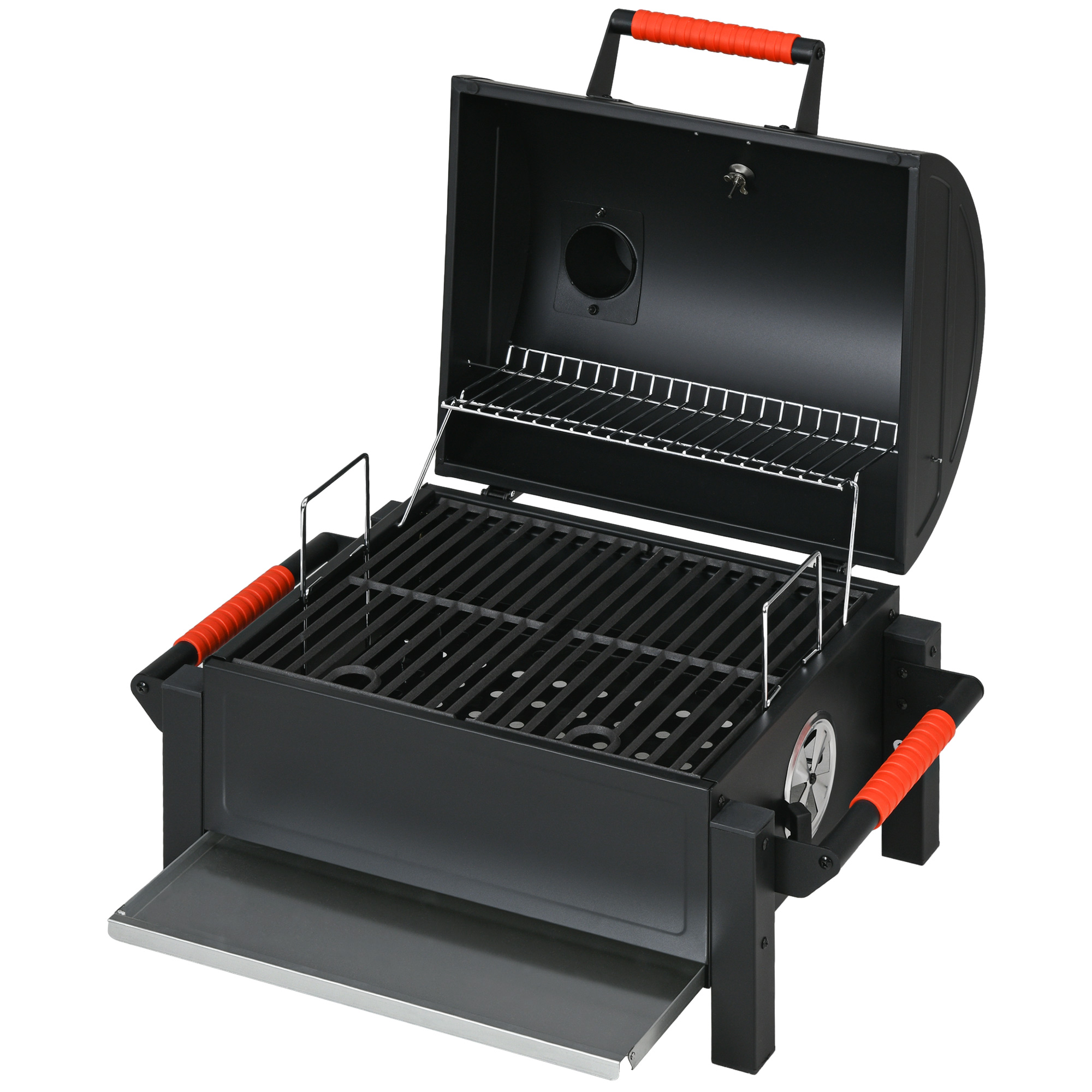Outsunny Kohlegrill mit Deckel, Warmhalterost, Aschefach, Thermometer, rostfrei, 68,5x50x54cm, Schwarz/Rot
